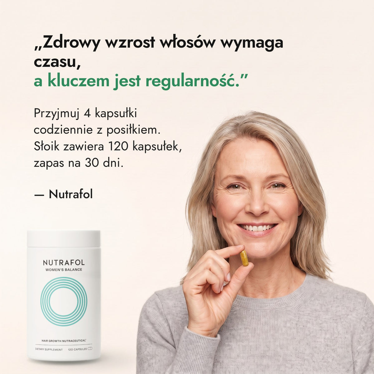 Zdrowy wzrost włosów wymaga czasu, a kluczem jest regularność. — Nutrafol