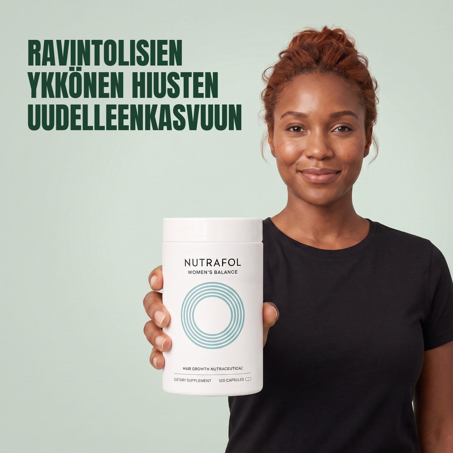 Woman holding the Nutrafol for Women 45+ supplement box against a green background