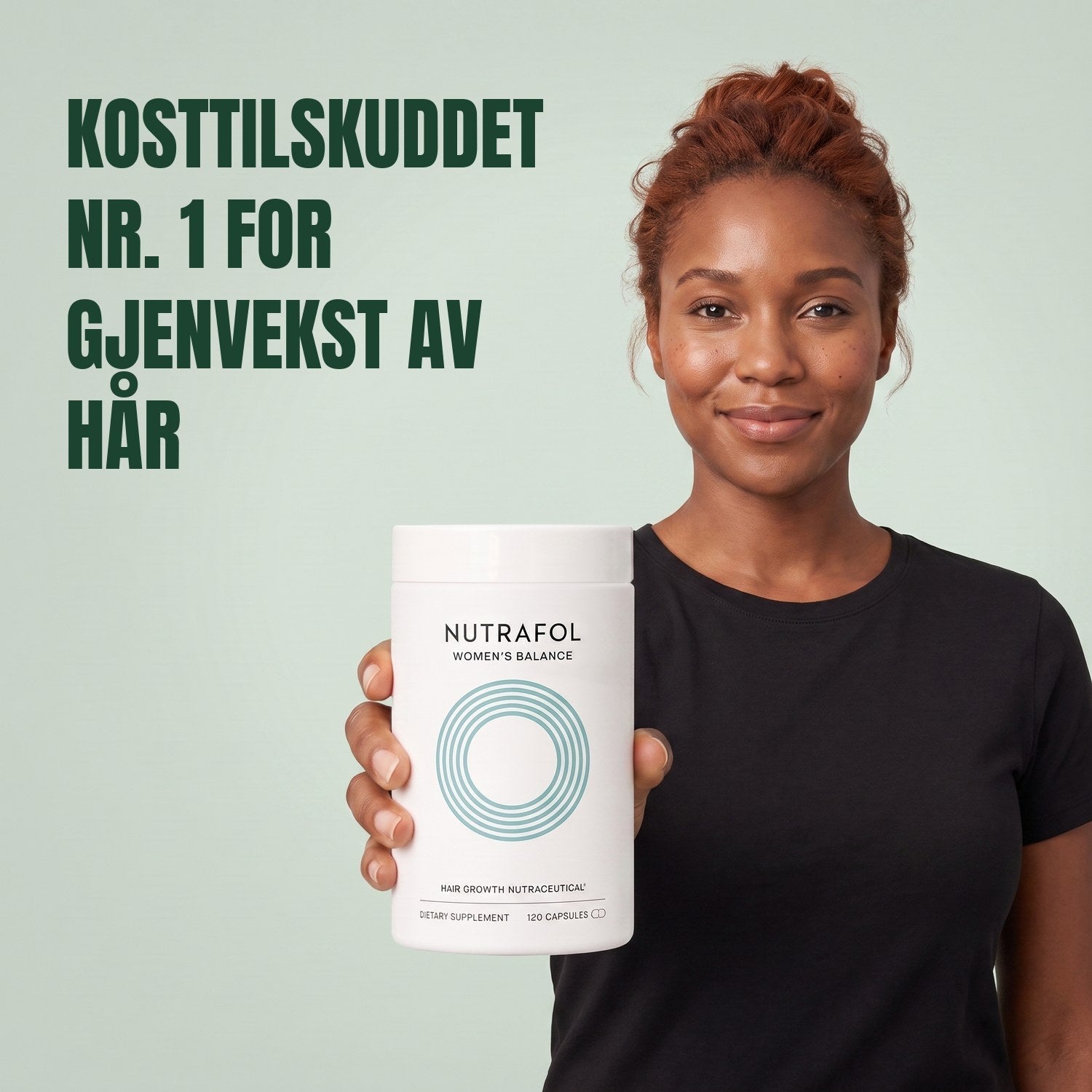 Woman holding the Nutrafol for Women 45+ supplement box against a green background