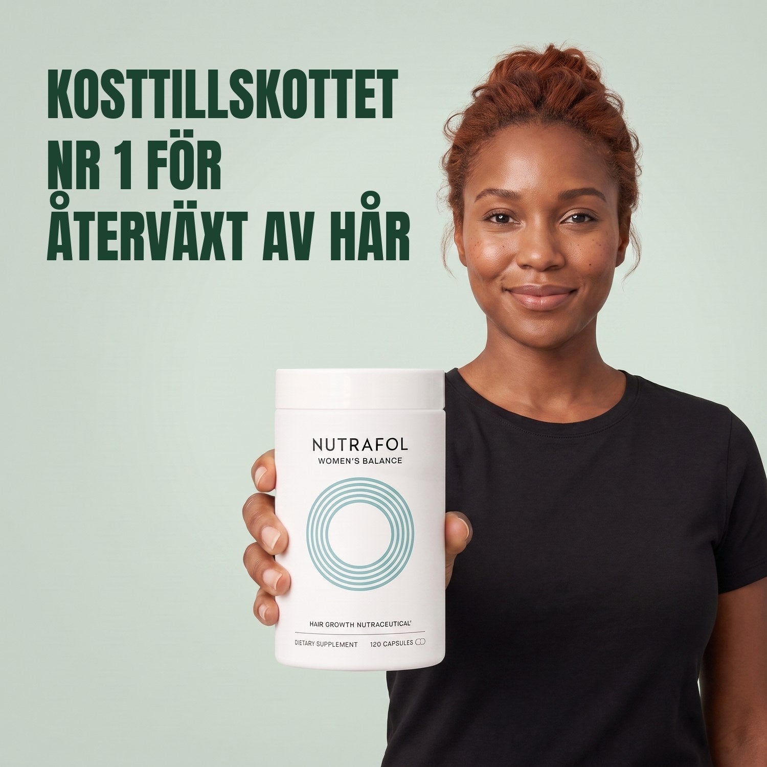 Woman holding the Nutrafol for Women 45+ supplement box against a green background