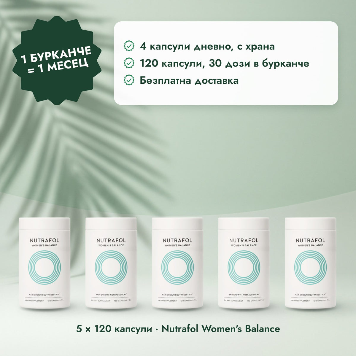 5 × 120 капсули · Nutrafol Women's Balance: 1 бурканче = 1 месец
