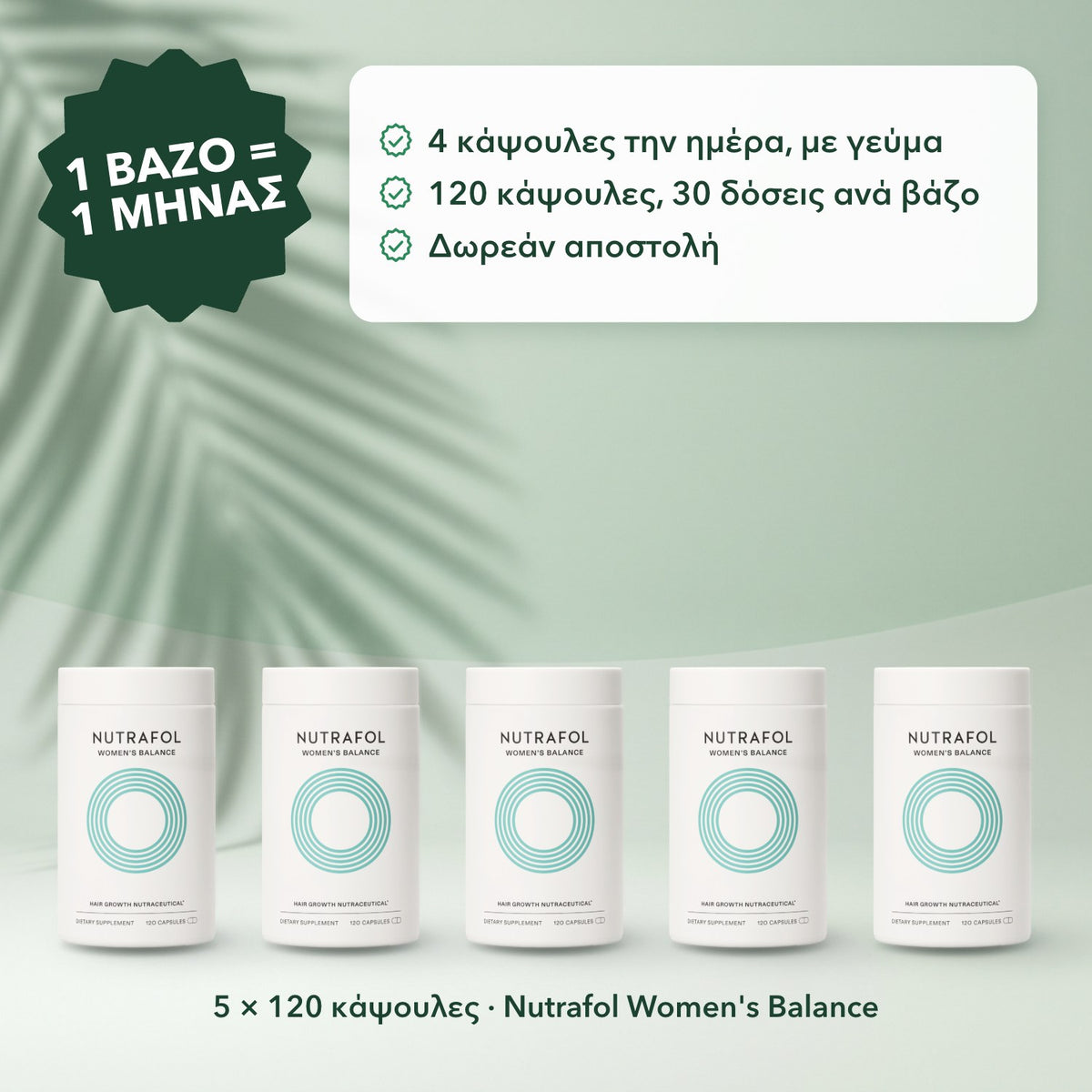 5 × 120 κάψουλες · Nutrafol Women's Balance: 1 βάζο = 1 μήνας
