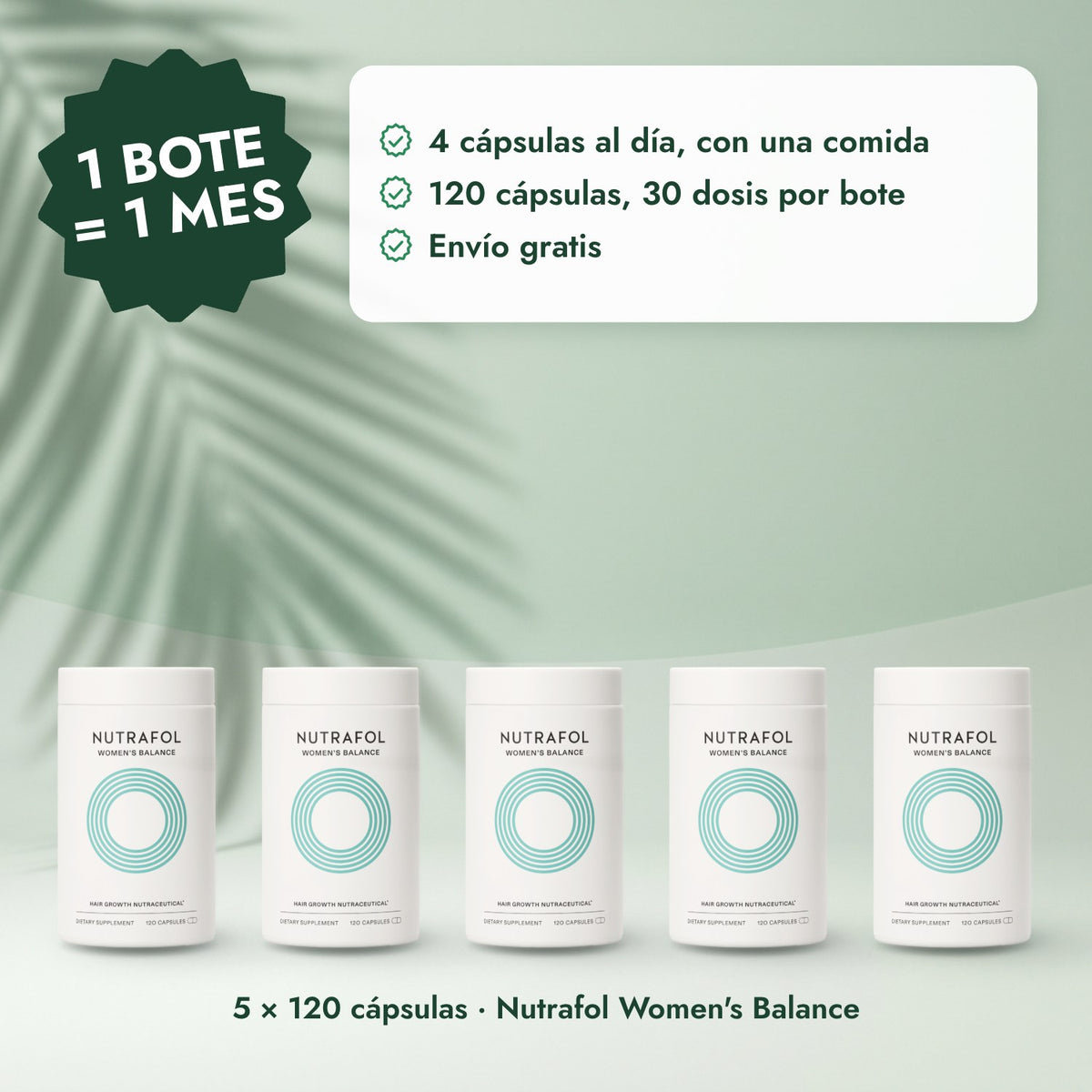 5 × 120 cápsulas · Nutrafol Women's Balance: 1 bote = 1 mes