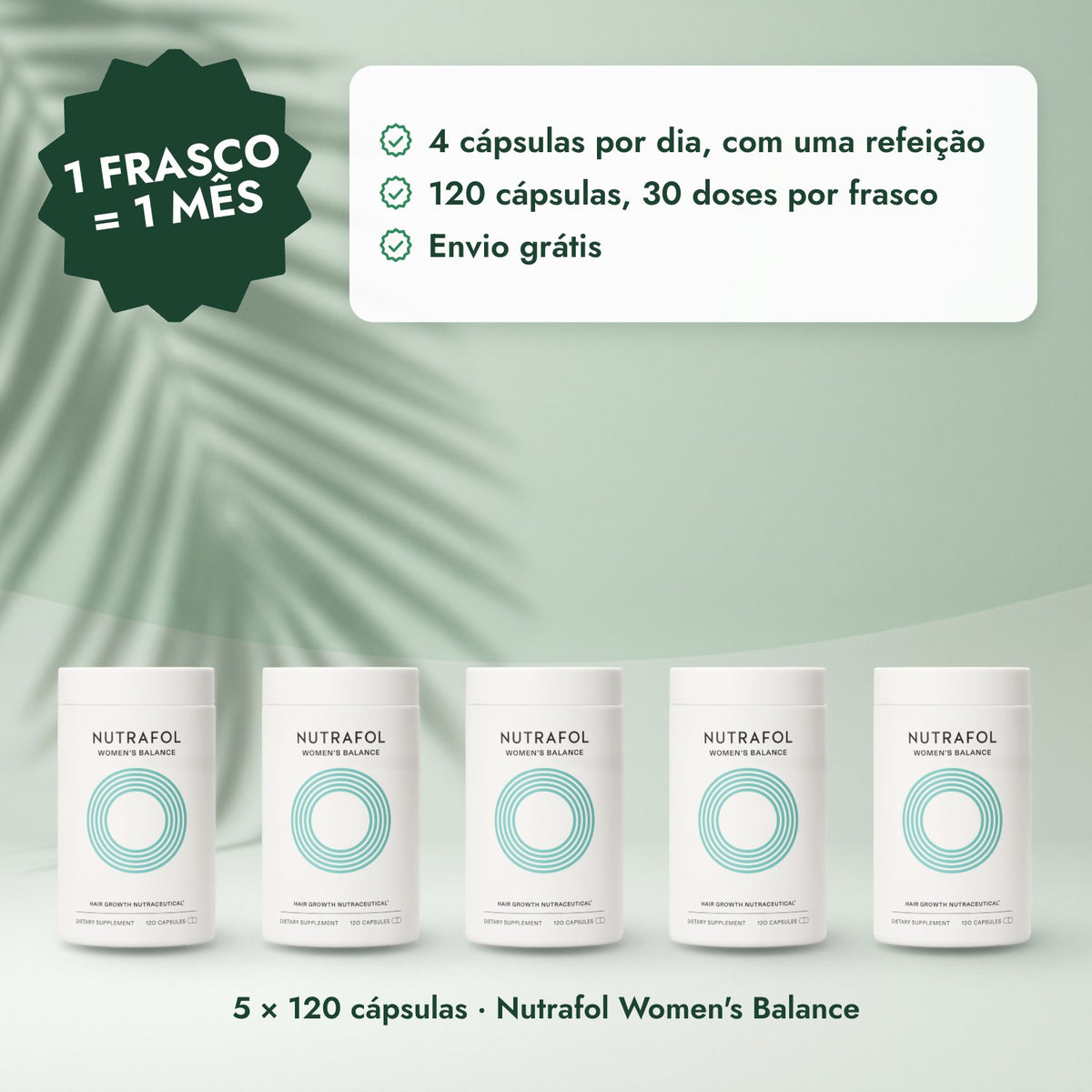 5 × 120 cápsulas · Nutrafol Women's Balance: 1 frasco = 1 mês