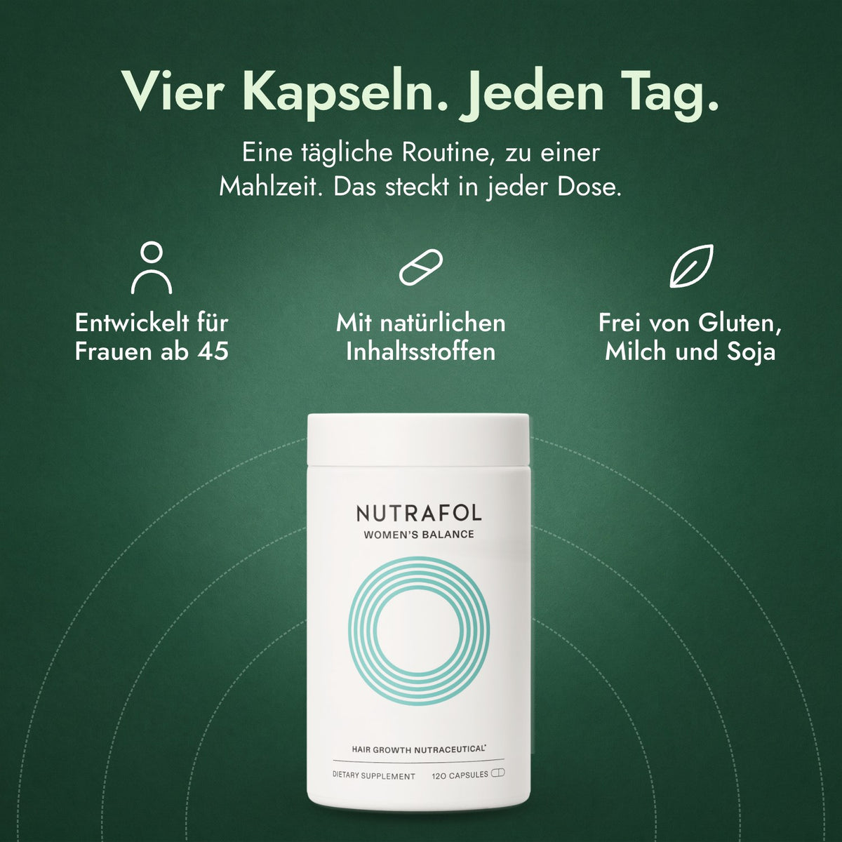 Nutrafol Women's Balance: Vier Kapseln. Jeden Tag. Entwickelt für Frauen ab 45, Mit natürlichen Inhaltsstoffen, Frei von Gluten, Milch und Soja