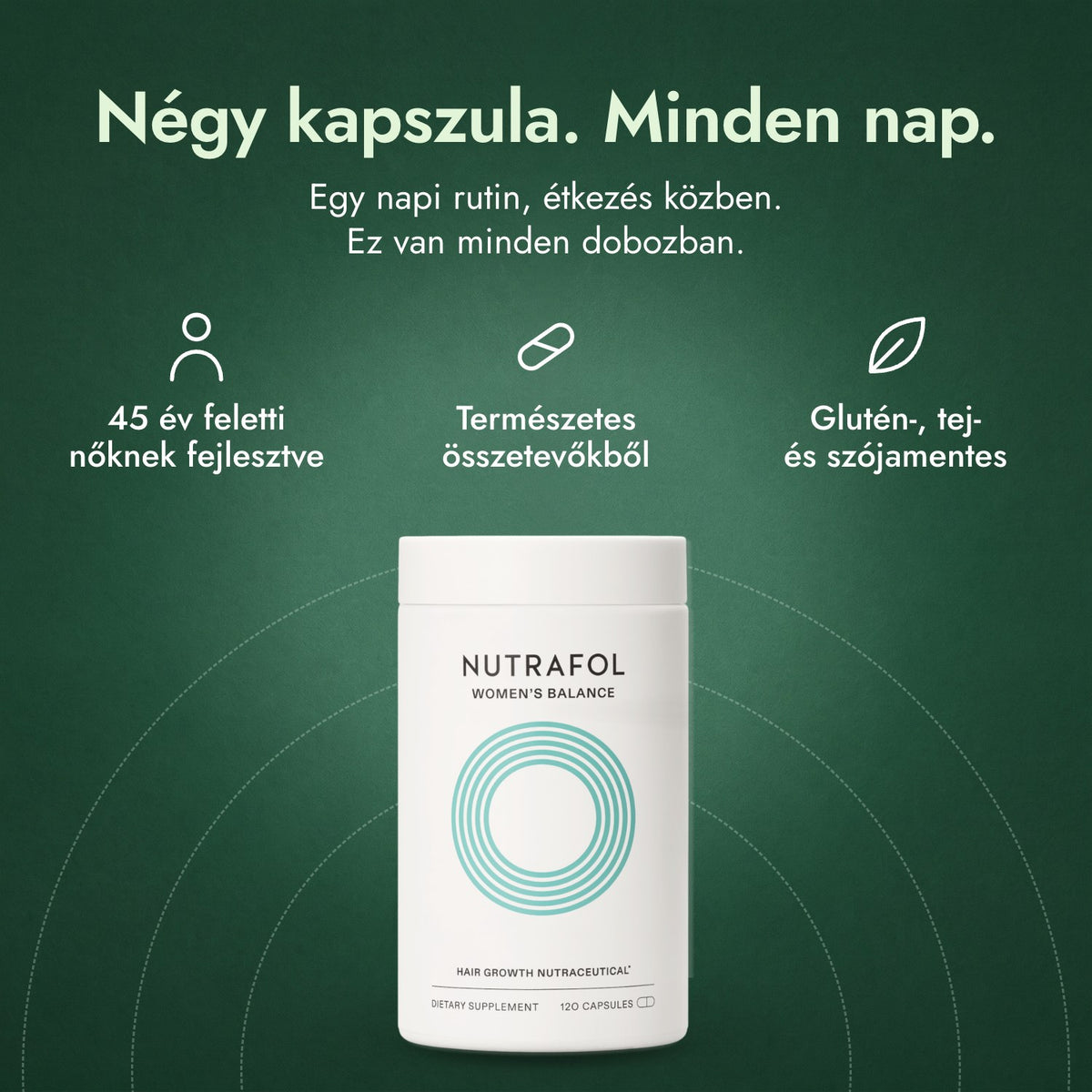 Nutrafol Women's Balance: Négy kapszula. Minden nap. 45 év feletti nőknek fejlesztve, Természetes összetevőkből, Glutén-, tej- és szójamentes