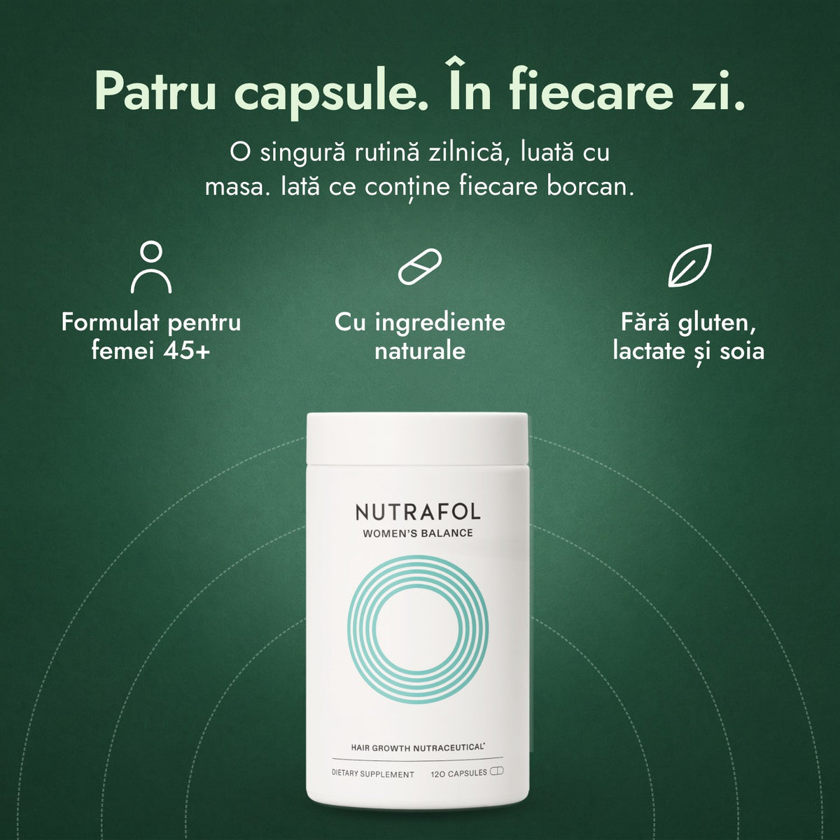 Nutrafol Women's Balance: Patru capsule. În fiecare zi. Formulat pentru femei 45+, Cu ingrediente naturale, Fără gluten, lactate și soia