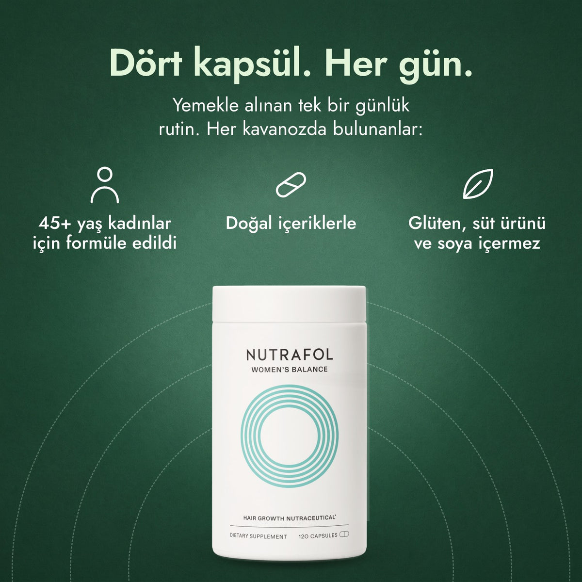 Nutrafol Women's Balance: Dört kapsül. Her gün. 45+ yaş kadınlar için formüle edildi, Doğal içeriklerle, Glüten, süt ürünü ve soya içermez