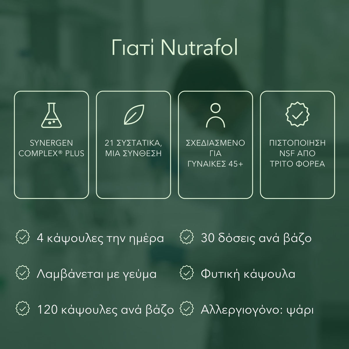 Γιατί Nutrafol: Synergen Complex® Plus, 21 συστατικά, μία σύνθεση, Σχεδιασμένο για γυναίκες 45+, Πιστοποίηση NSF από τρίτο φορέα