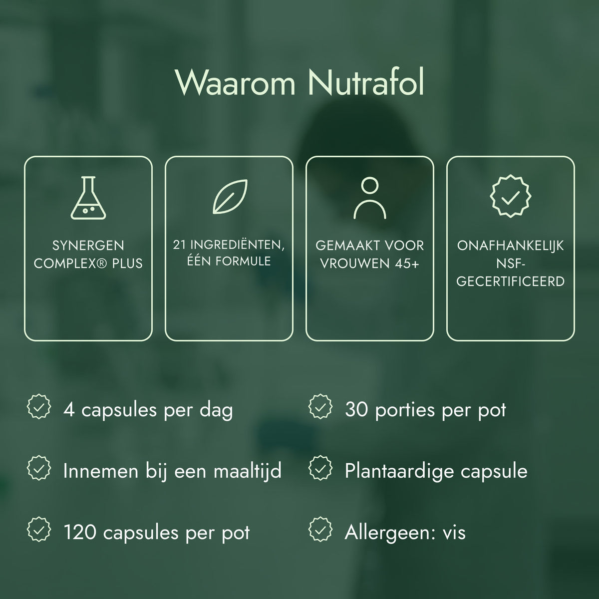 Waarom Nutrafol: Synergen Complex® Plus, 21 ingrediënten, één formule, Gemaakt voor vrouwen 45+, Onafhankelijk NSF-gecertificeerd