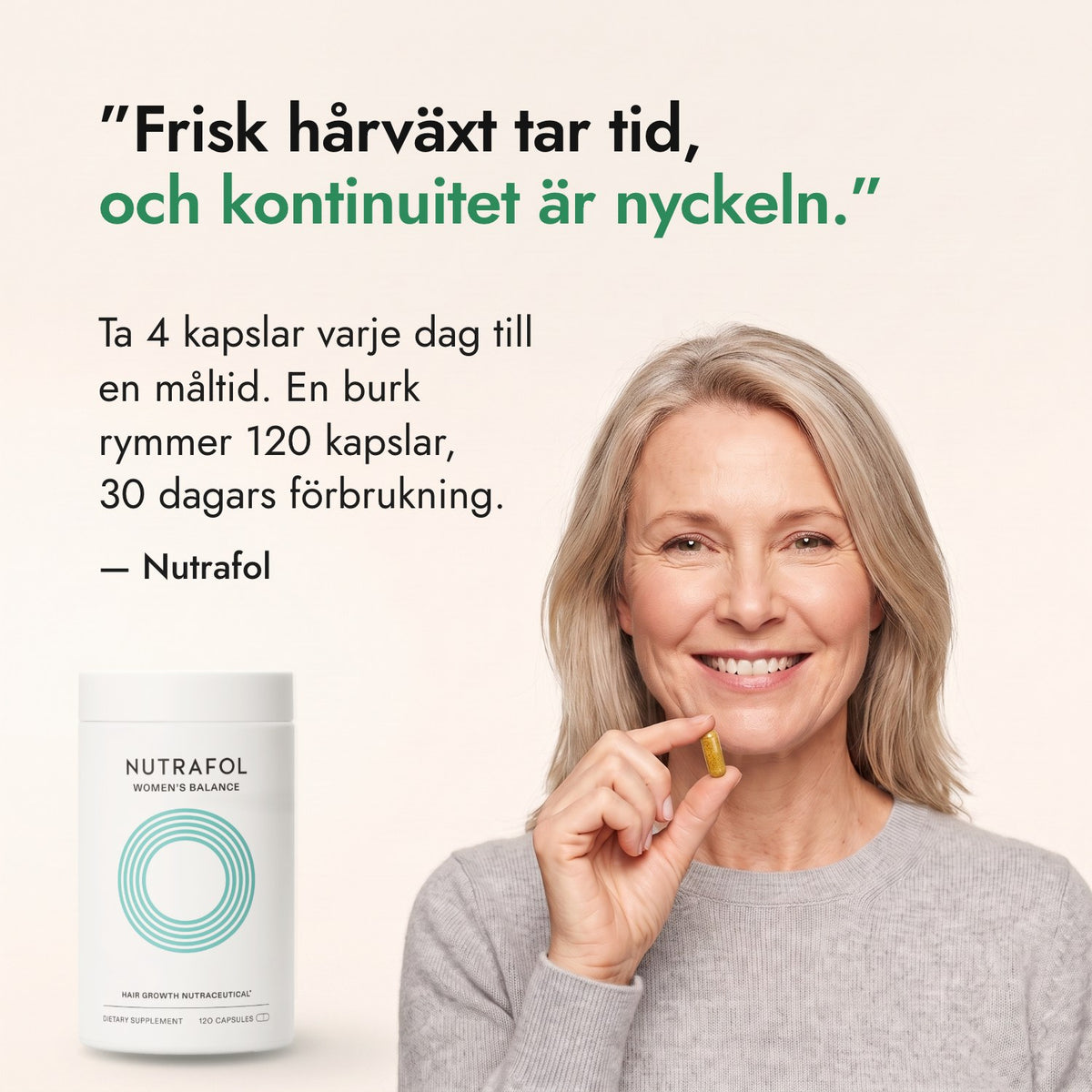 Frisk hårväxt tar tid, och kontinuitet är nyckeln. — Nutrafol