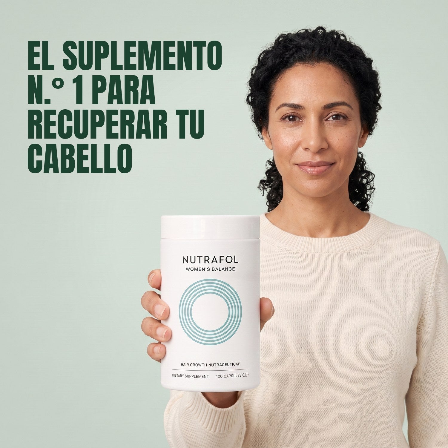 Woman holding the Nutrafol for Women 45+ supplement box against a green background