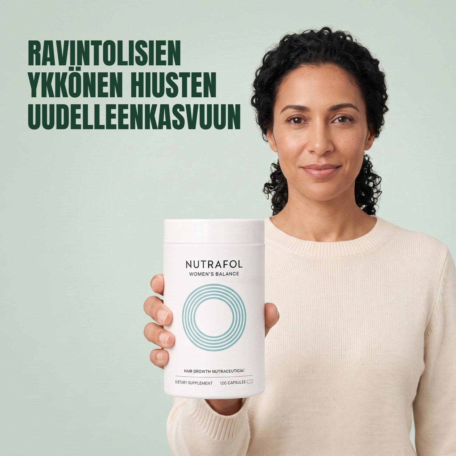 Woman holding the Nutrafol for Women 45+ supplement box against a green background