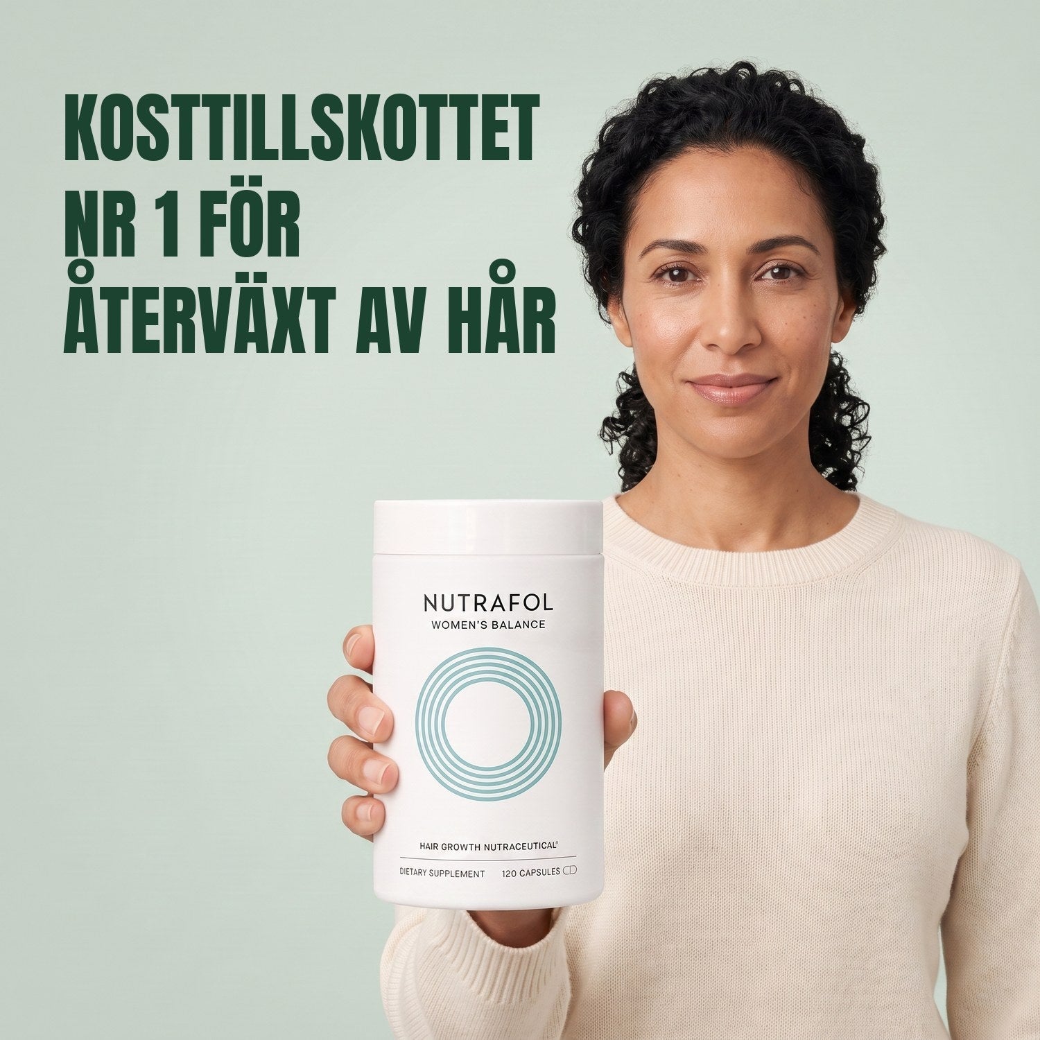 Woman holding the Nutrafol for Women 45+ supplement box against a green background
