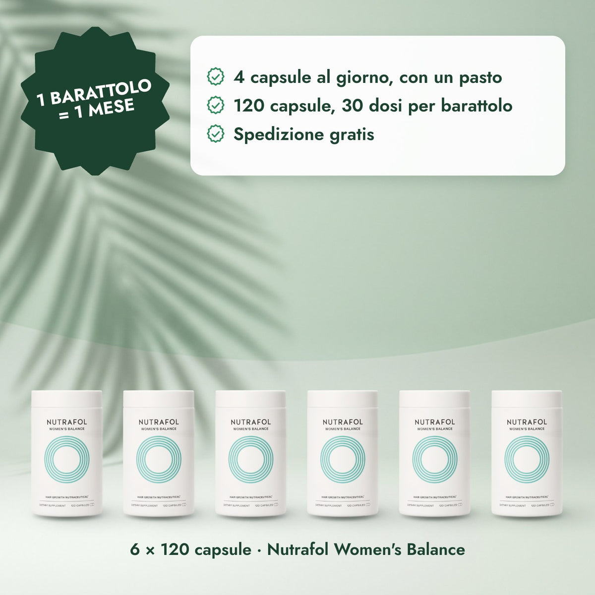 6 × 120 capsule · Nutrafol Women's Balance: 1 barattolo = 1 mese