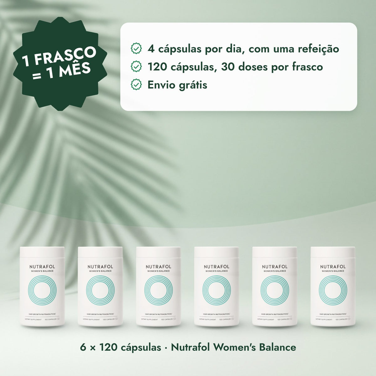 6 × 120 cápsulas · Nutrafol Women's Balance: 1 frasco = 1 mês