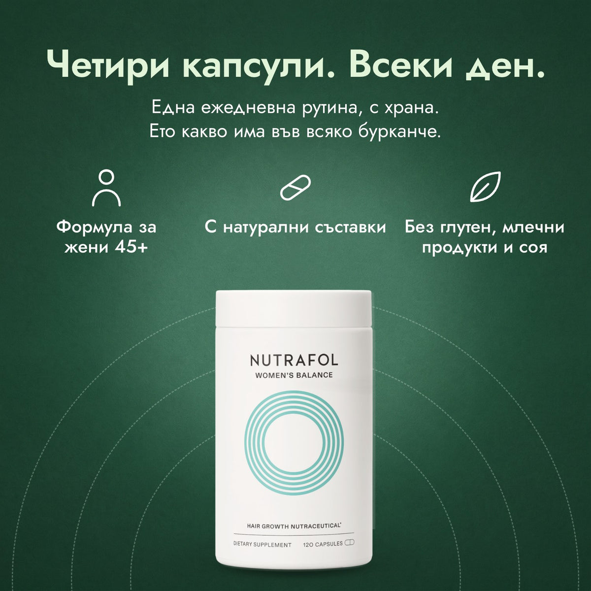 Nutrafol Women's Balance: Четири капсули. Всеки ден. Формула за жени 45+, С натурални съставки, Без глутен, млечни продукти и соя