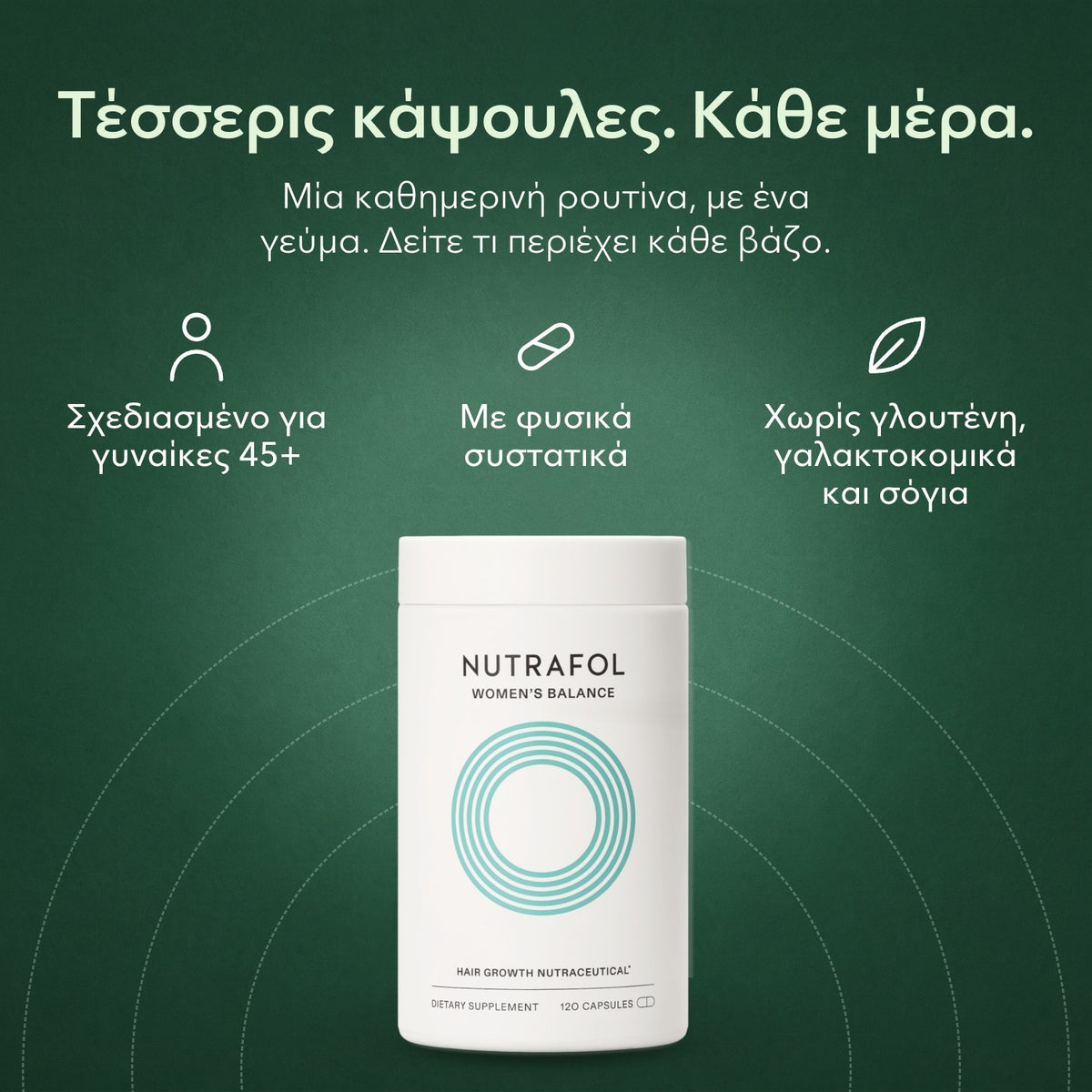 Nutrafol Women's Balance: Τέσσερις κάψουλες. Κάθε μέρα. Σχεδιασμένο για γυναίκες 45+, Με φυσικά συστατικά, Χωρίς γλουτένη, γαλακτοκομικά και σόγια