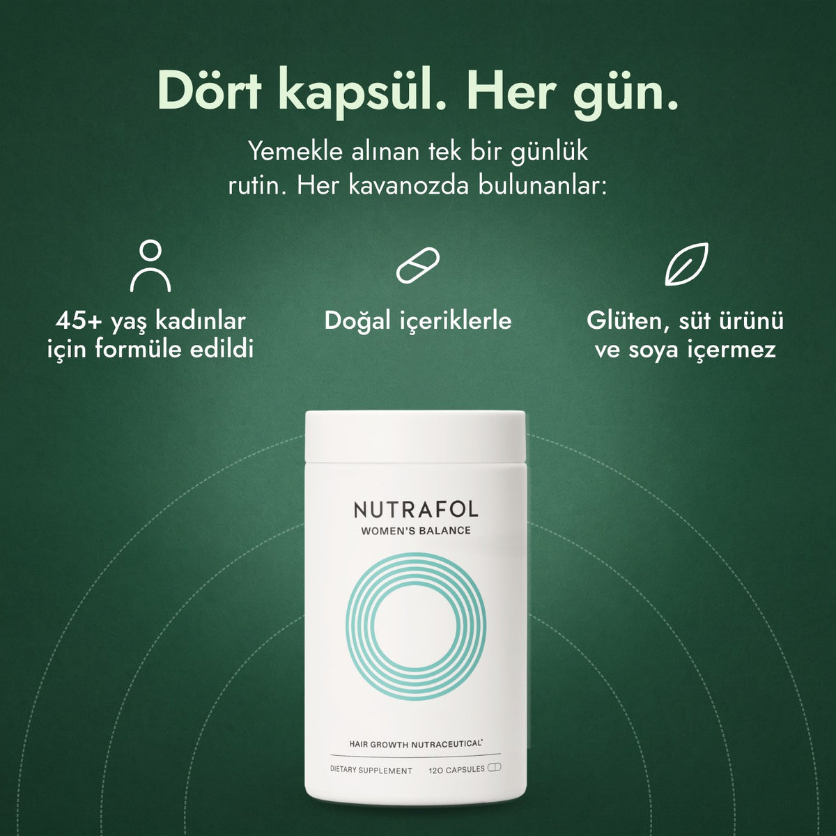 Nutrafol Women's Balance: Dört kapsül. Her gün. 45+ yaş kadınlar için formüle edildi, Doğal içeriklerle, Glüten, süt ürünü ve soya içermez