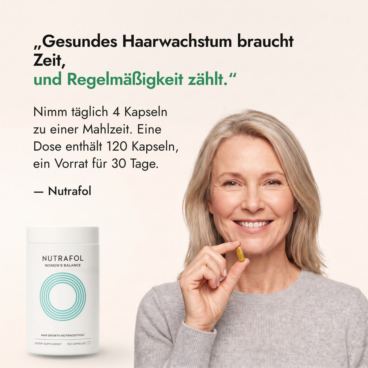 Gesundes Haarwachstum braucht Zeit, und Regelmäßigkeit zählt. — Nutrafol