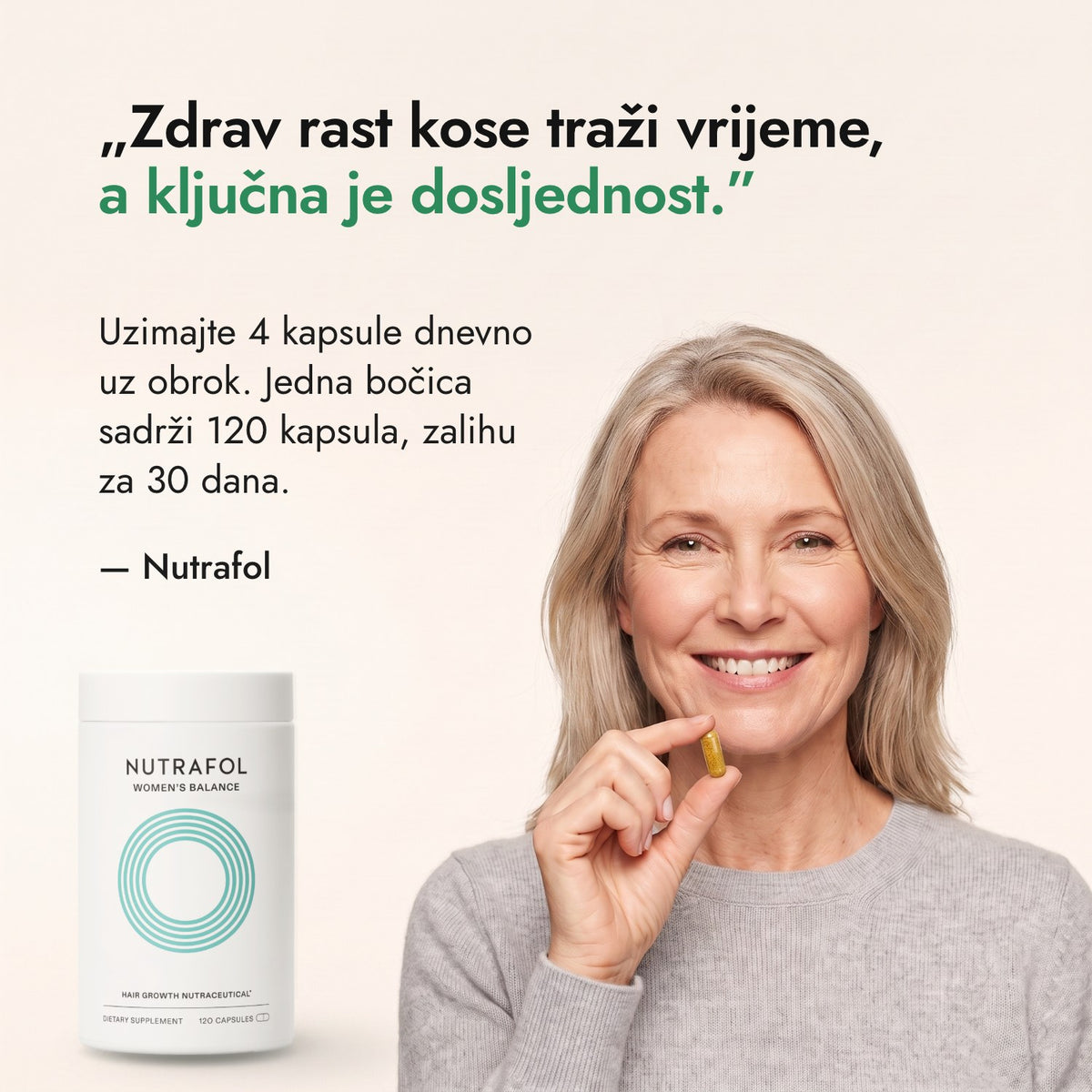 Zdrav rast kose traži vrijeme, a ključna je dosljednost. — Nutrafol
