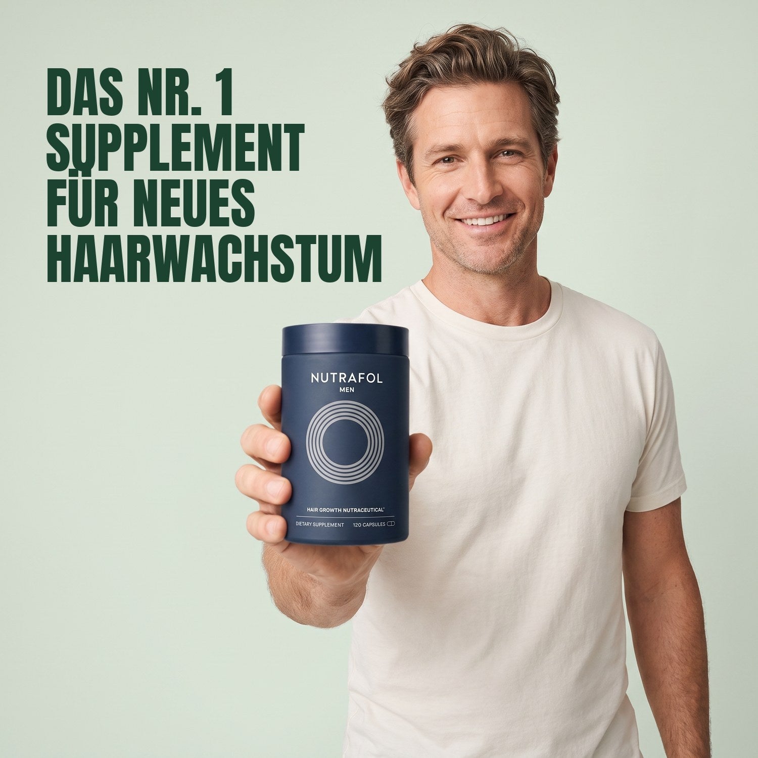 Man holding Nutrafol for Men against a green background