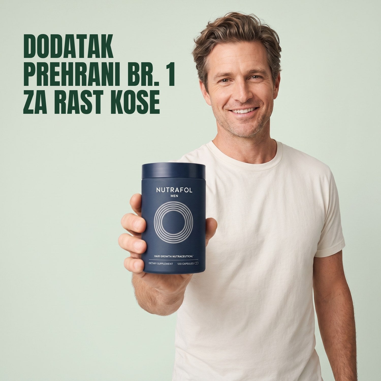 Muškarac drži Nutrafol for Men na zelenoj pozadini