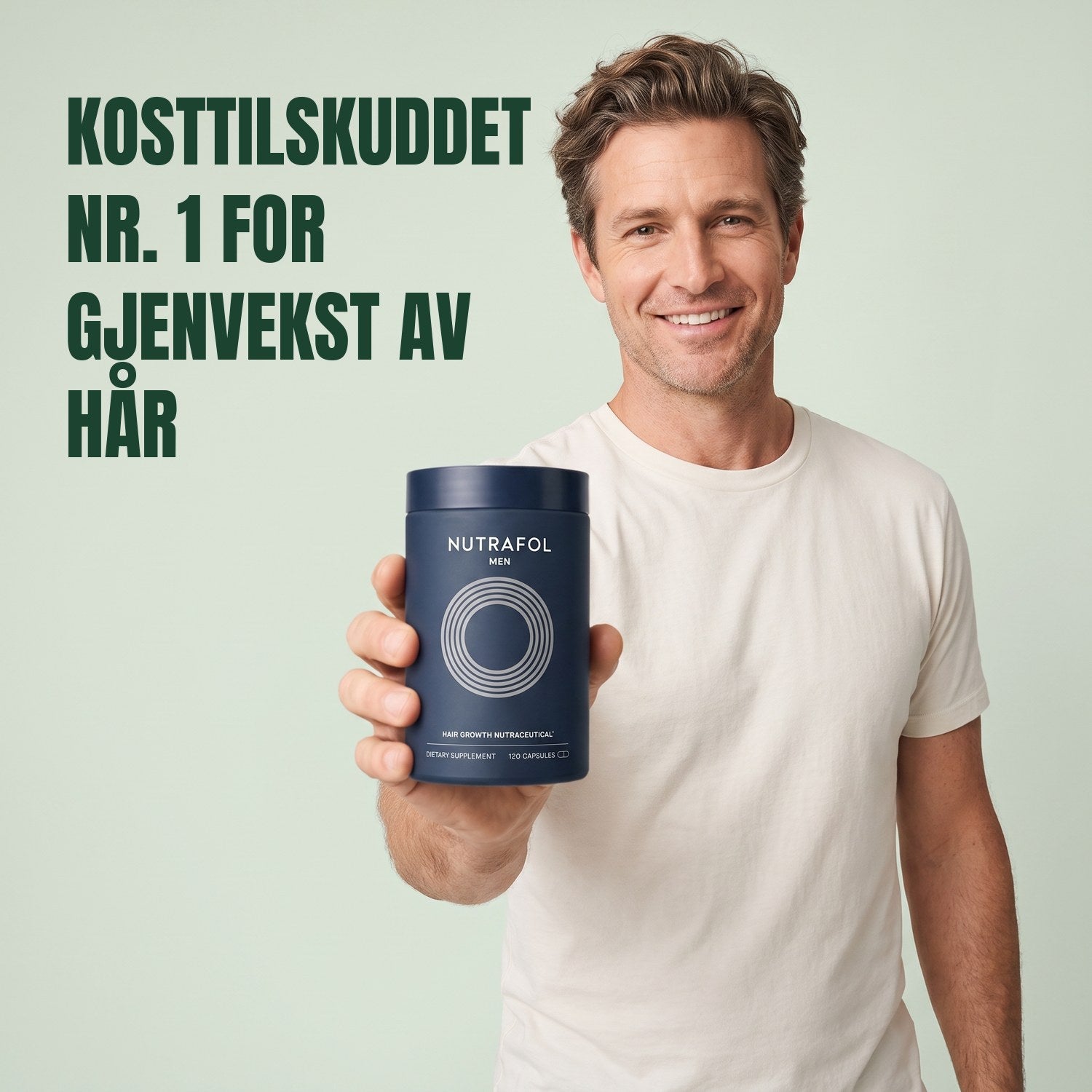 Mann som holder Nutrafol for Men mot en grønn bakgrunn