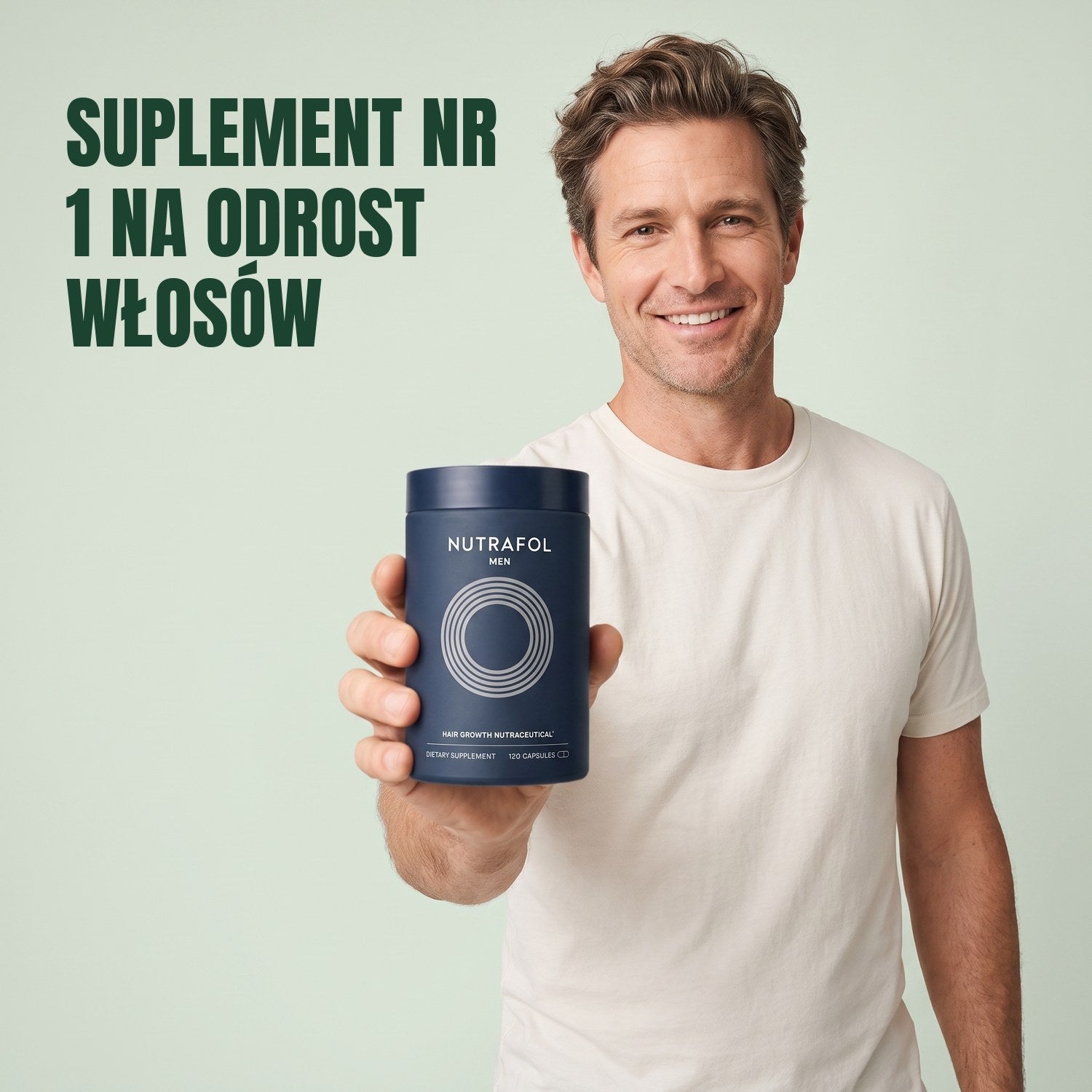 Man holding Nutrafol for Men against a green background