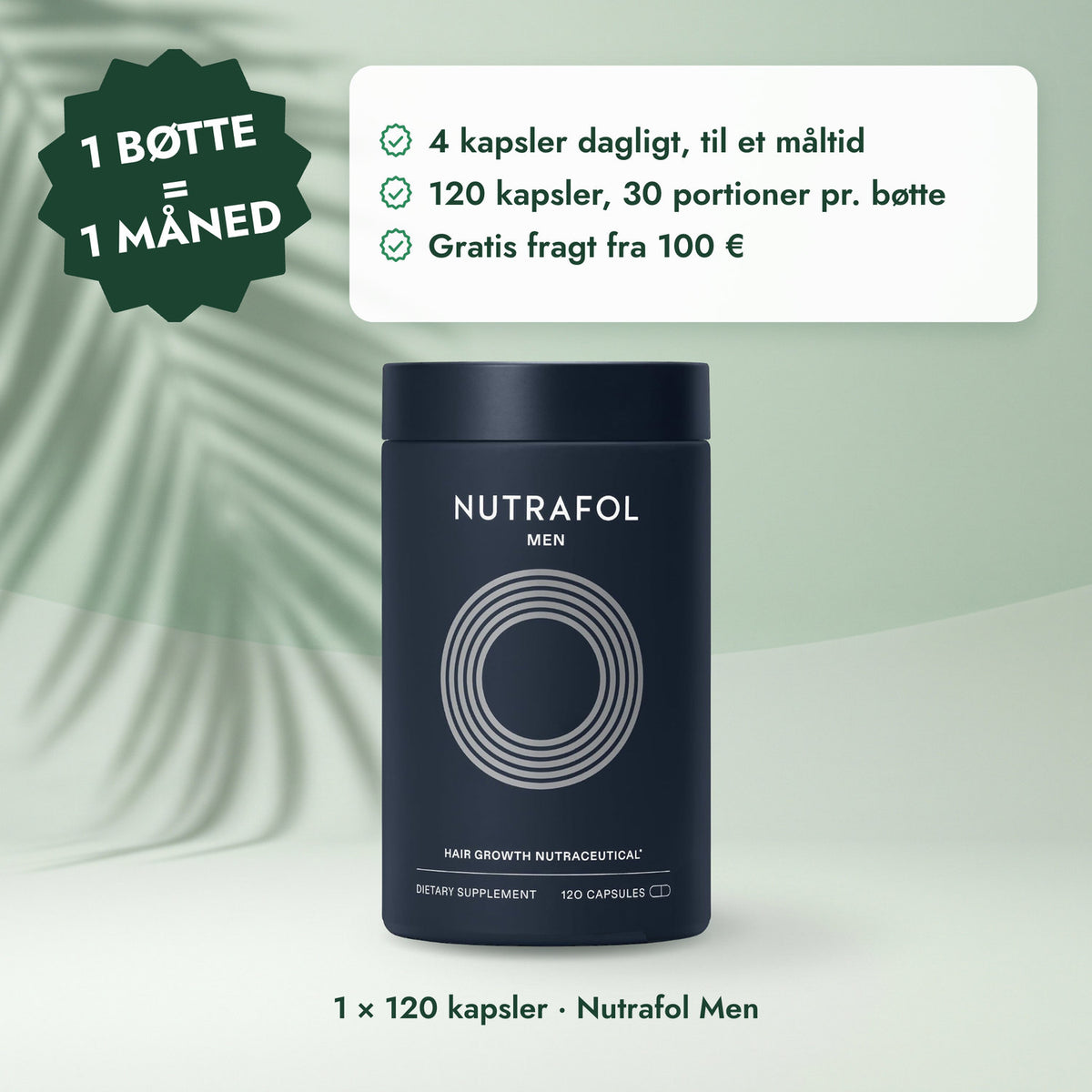 1 × 120 kapsler · Nutrafol Men: 1 bøtte = 1 måned