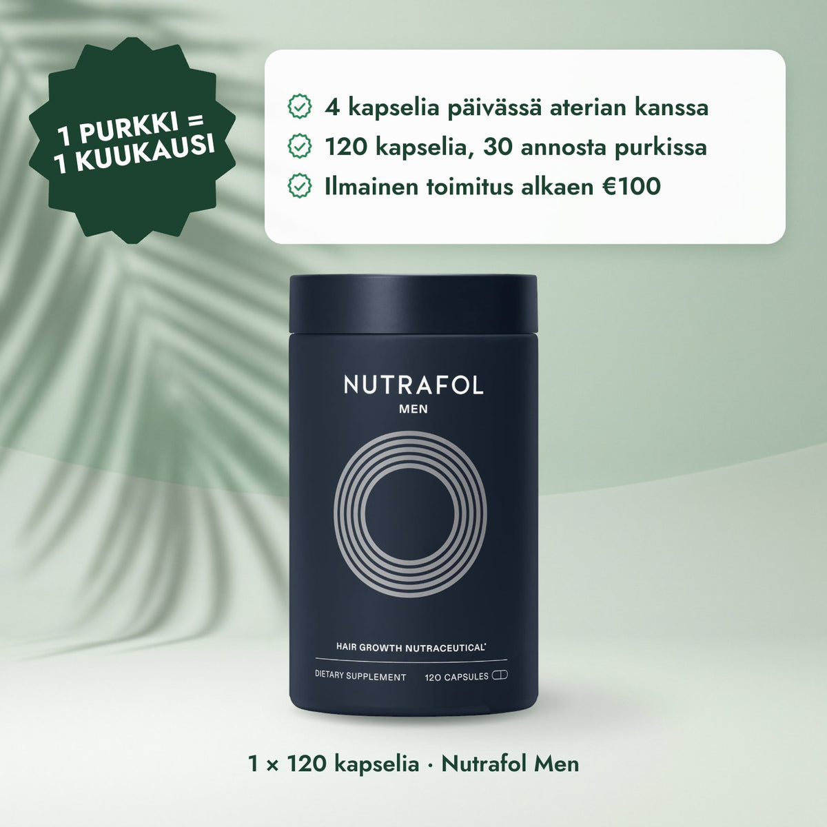 1 × 120 kapselia · Nutrafol Men: 1 purkki = 1 kuukausi