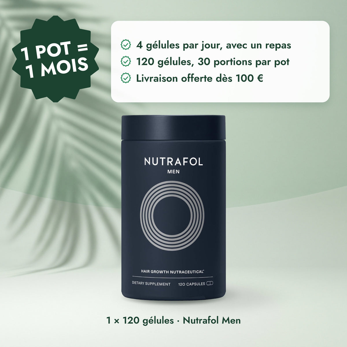 1 × 120 gélules · Nutrafol Men: 1 pot = 1 mois