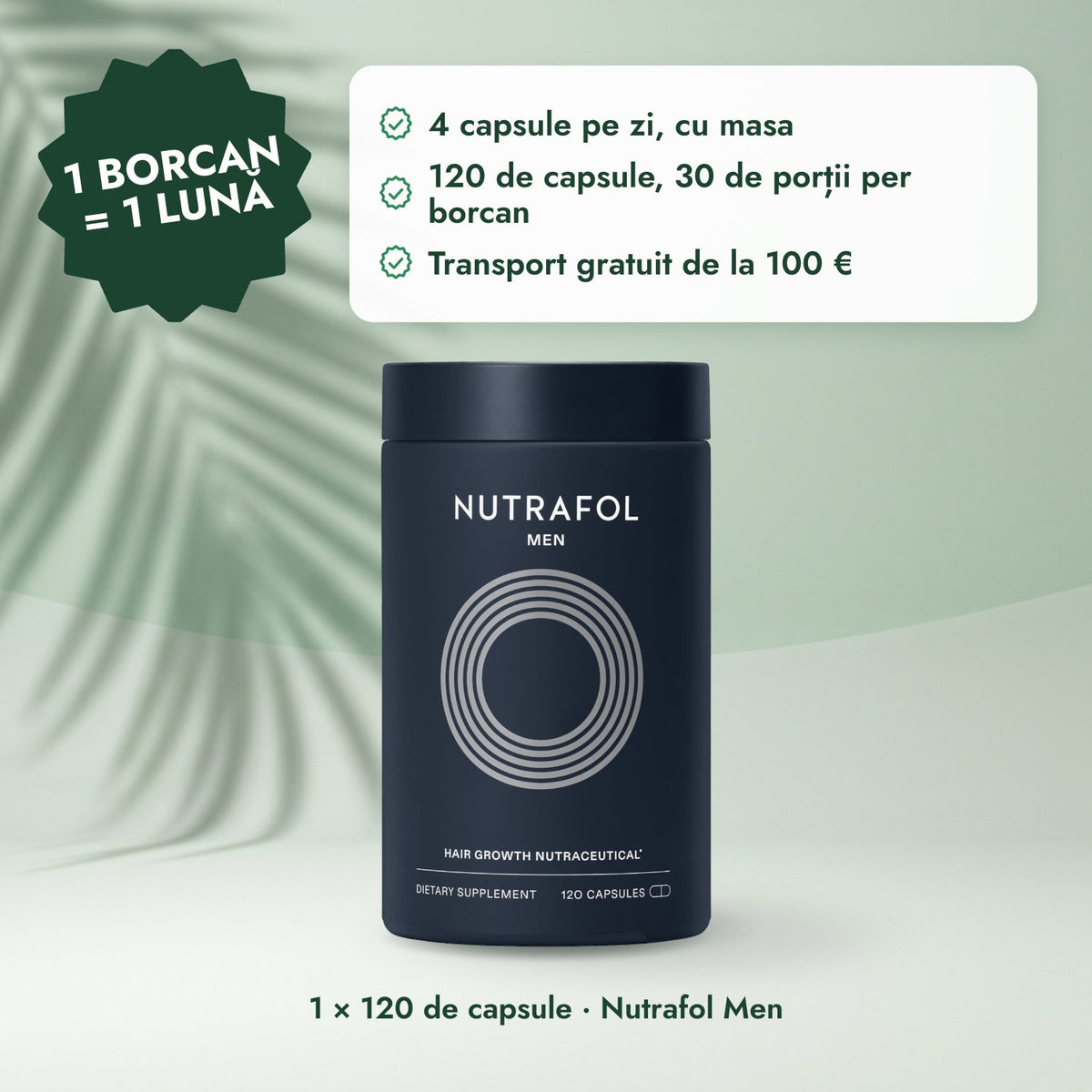 1 × 120 de capsule · Nutrafol Men: 1 borcan = 1 lună