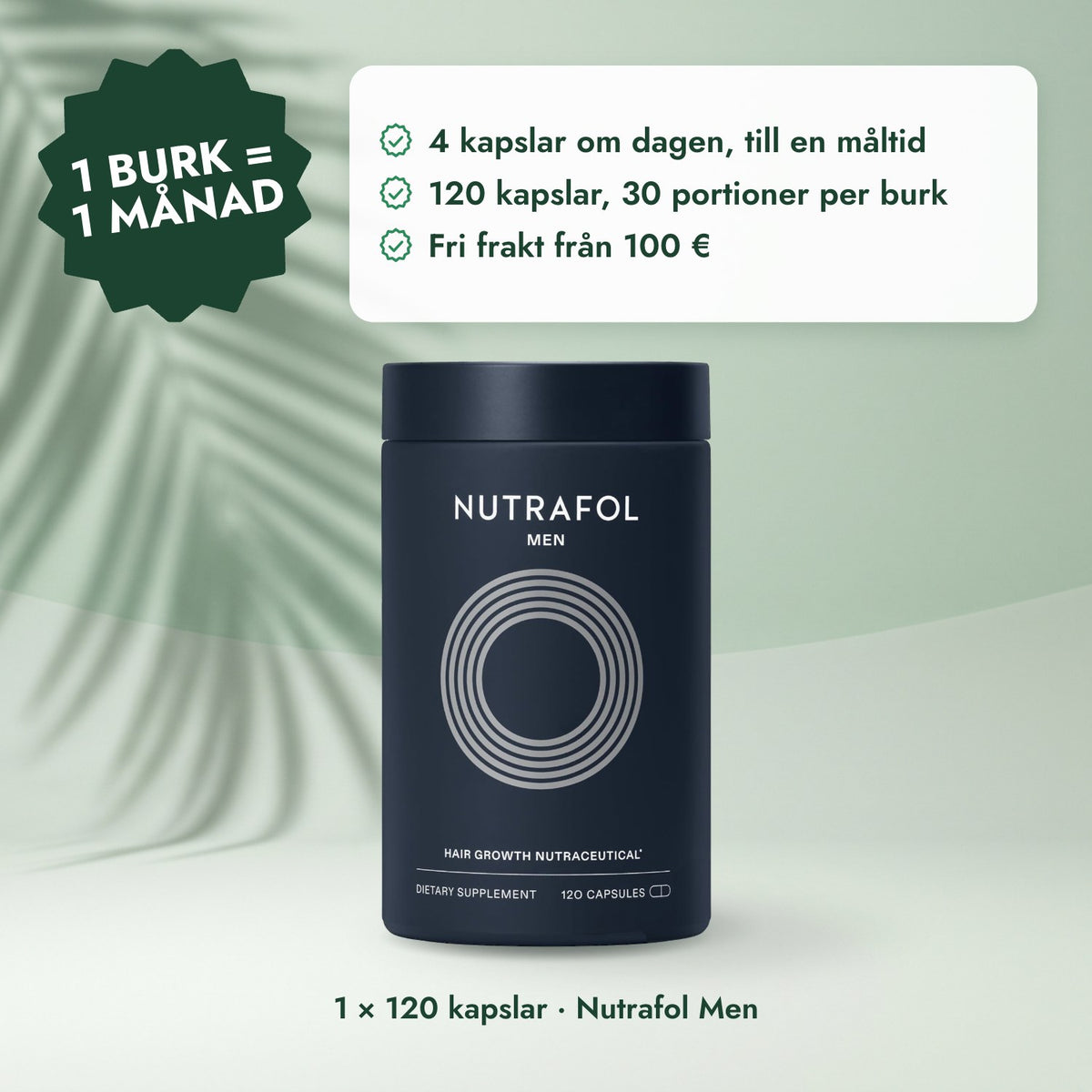 1 × 120 kapslar · Nutrafol Men: 1 burk = 1 månad