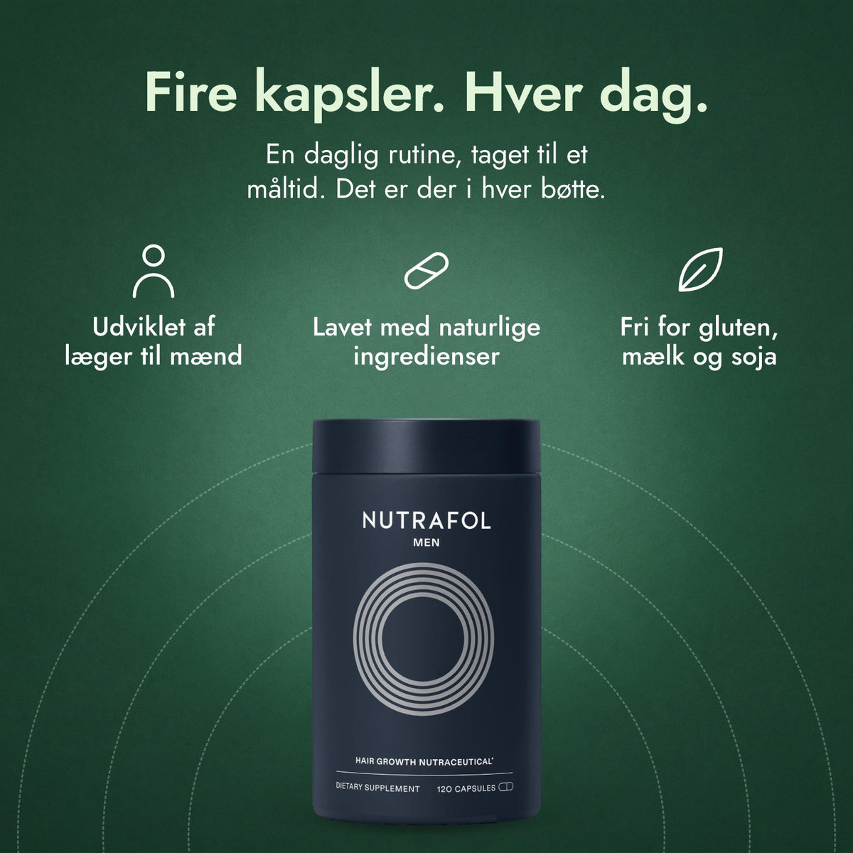 Nutrafol Men: Fire kapsler. Hver dag. Udviklet af læger til mænd, Lavet med naturlige ingredienser, Fri for gluten, mælk og soja
