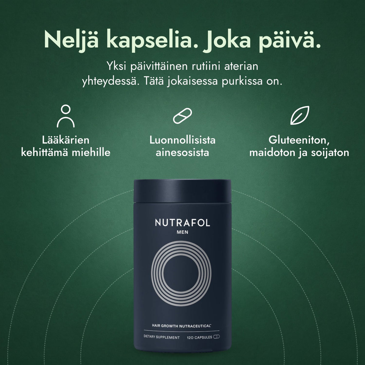 Nutrafol Men: Neljä kapselia. Joka päivä. Lääkärien kehittämä miehille, Luonnollisista ainesosista, Gluteeniton, maidoton ja soijaton