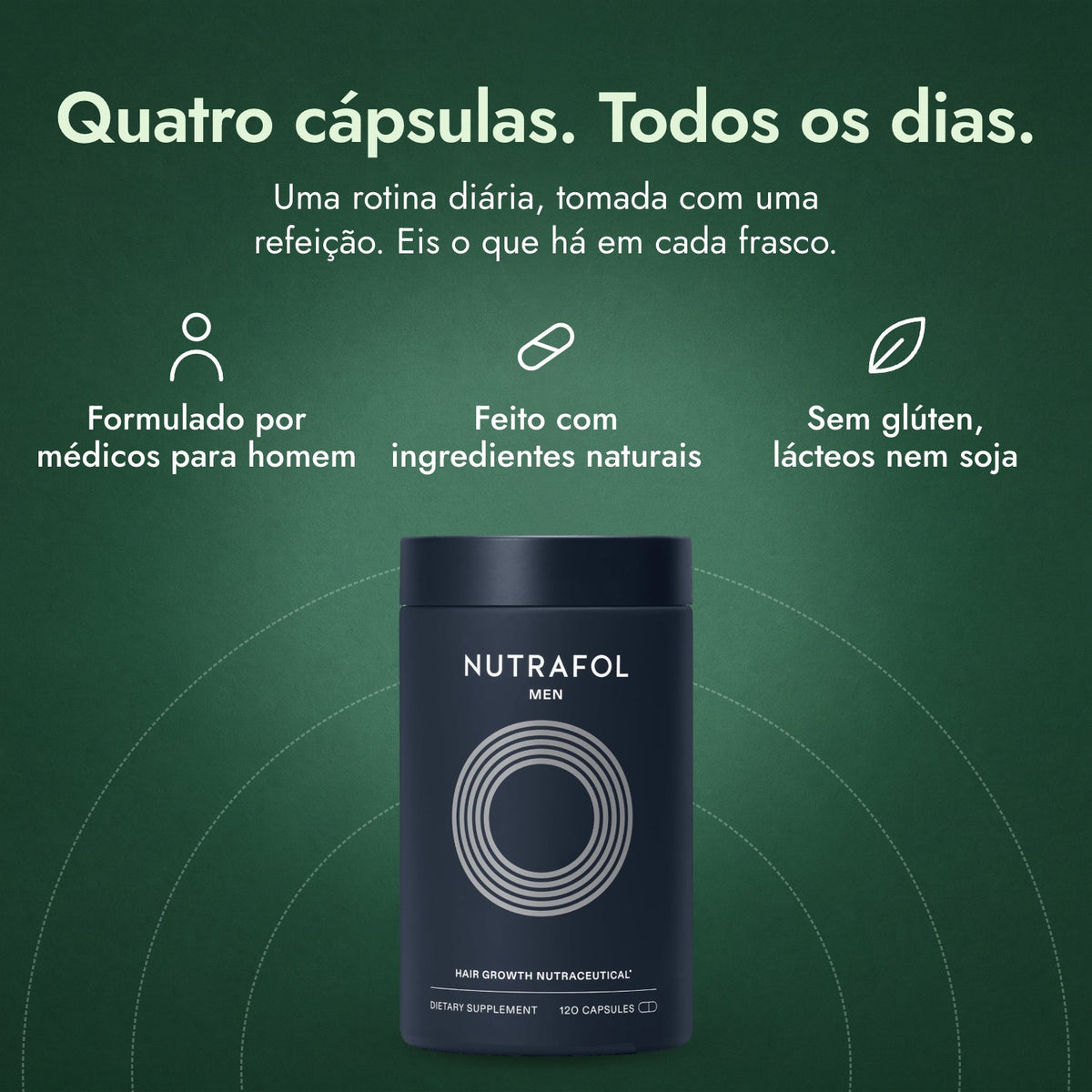 Nutrafol Men: Quatro cápsulas. Todos os dias. Formulado por médicos para homem, Feito com ingredientes naturais, Sem glúten, lácteos nem soja