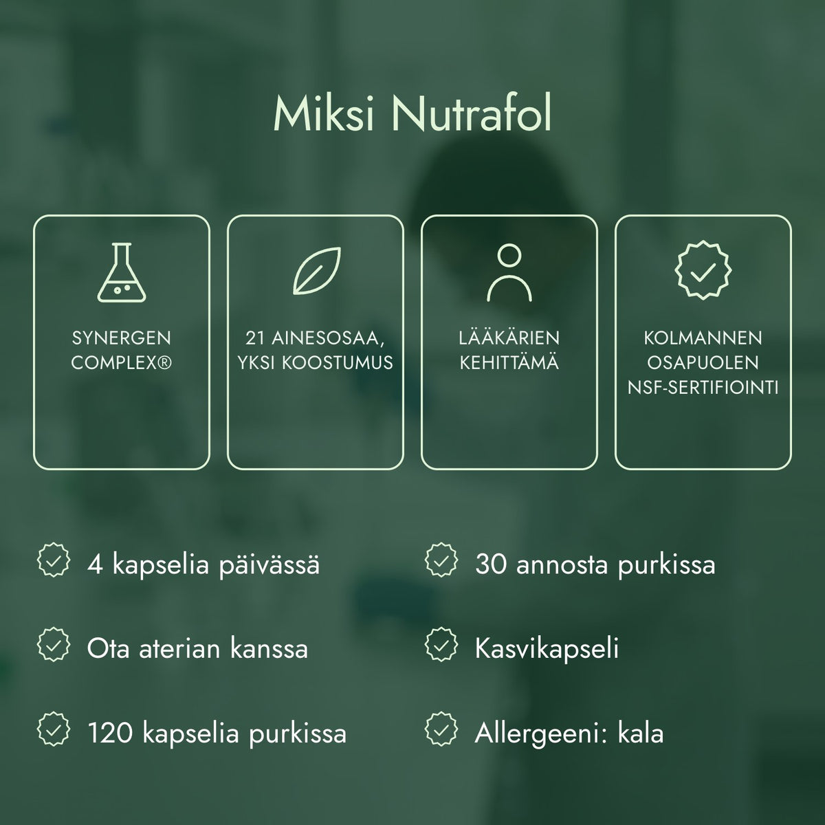 Miksi Nutrafol: Synergen Complex®, 21 ainesosaa, yksi koostumus, Lääkärien kehittämä, Kolmannen osapuolen NSF-sertifiointi