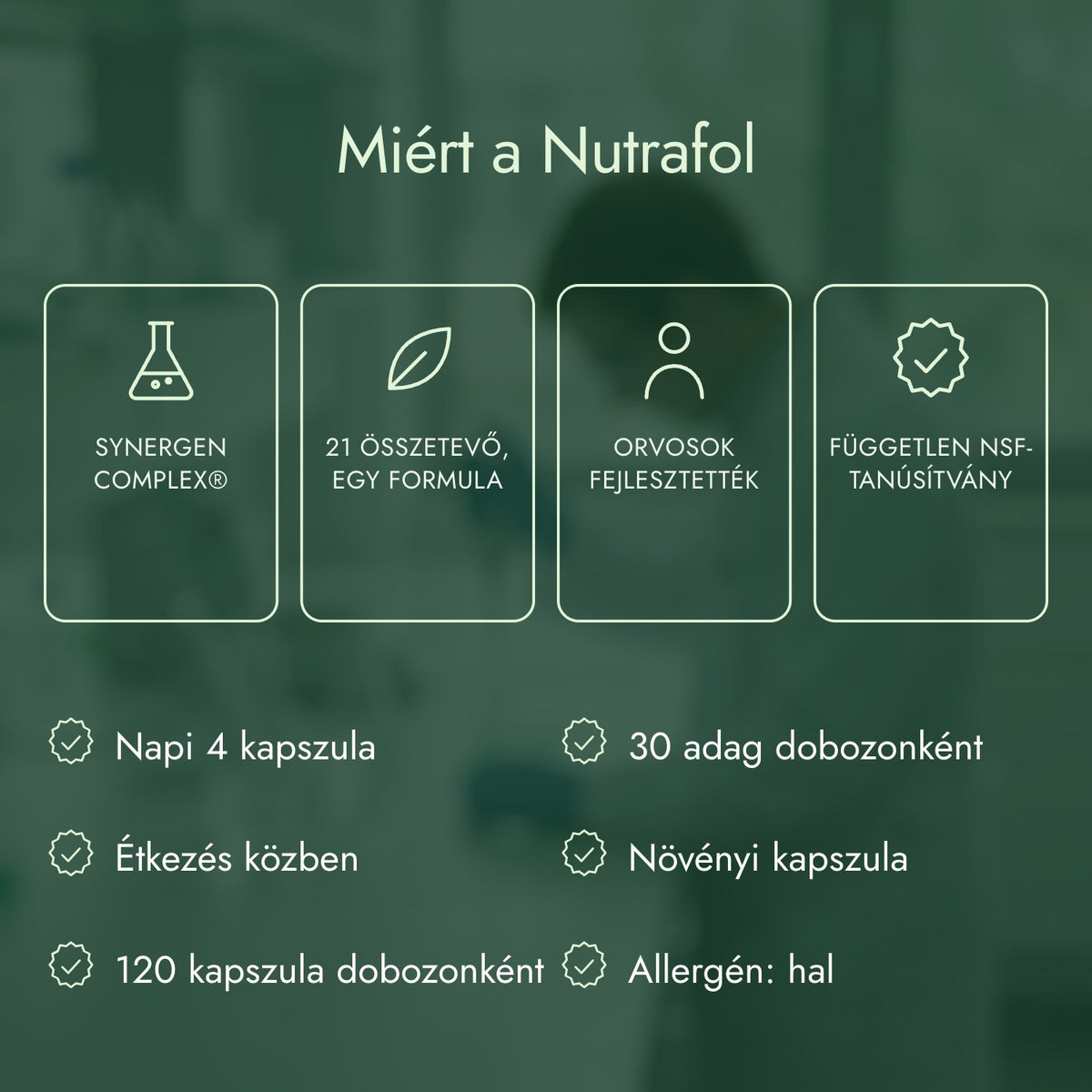 Miért a Nutrafol: Synergen Complex®, 21 összetevő, egy formula, Orvosok fejlesztették, Független NSF-tanúsítvány