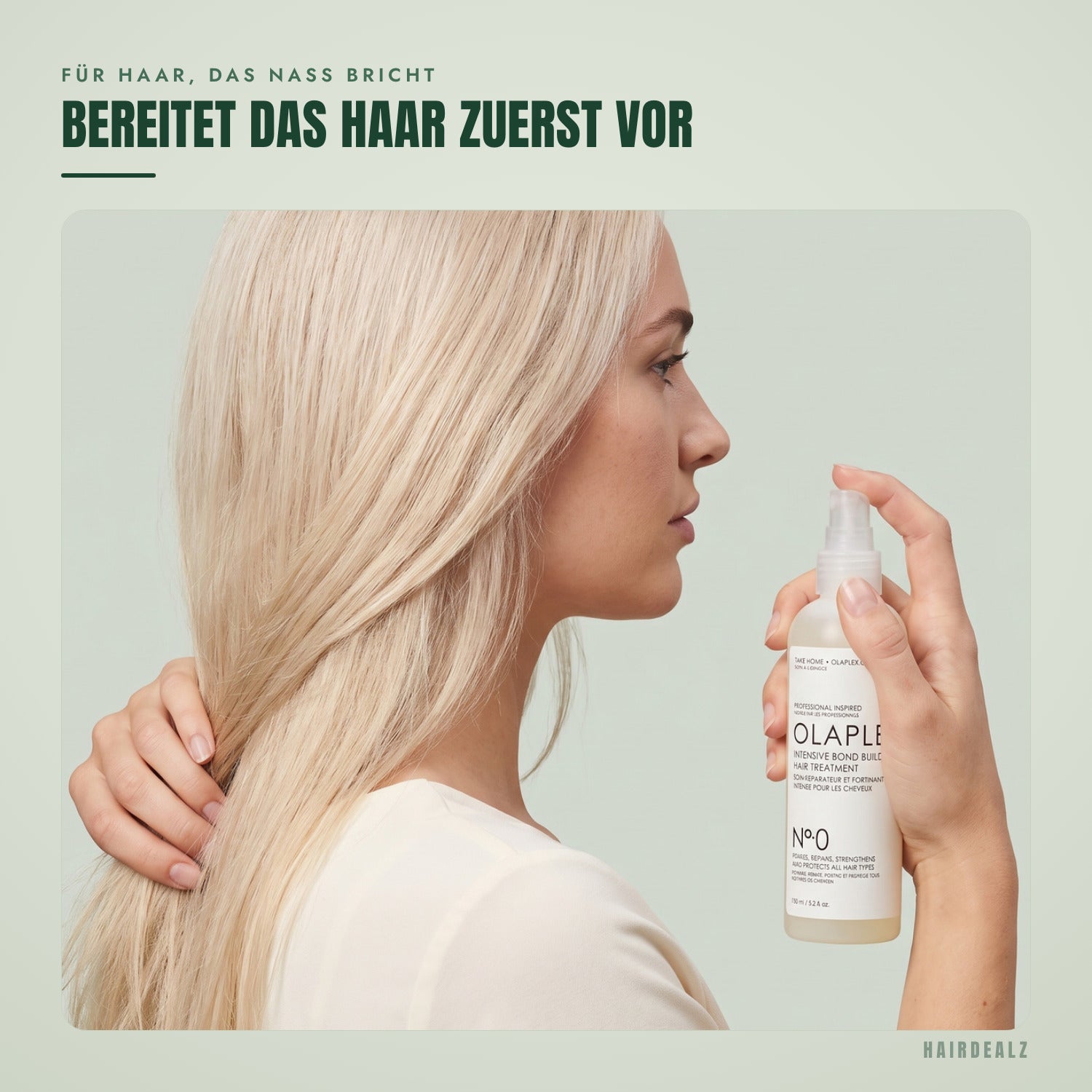 Olaplex No.0 in Anwendung vor grünem Hintergrund