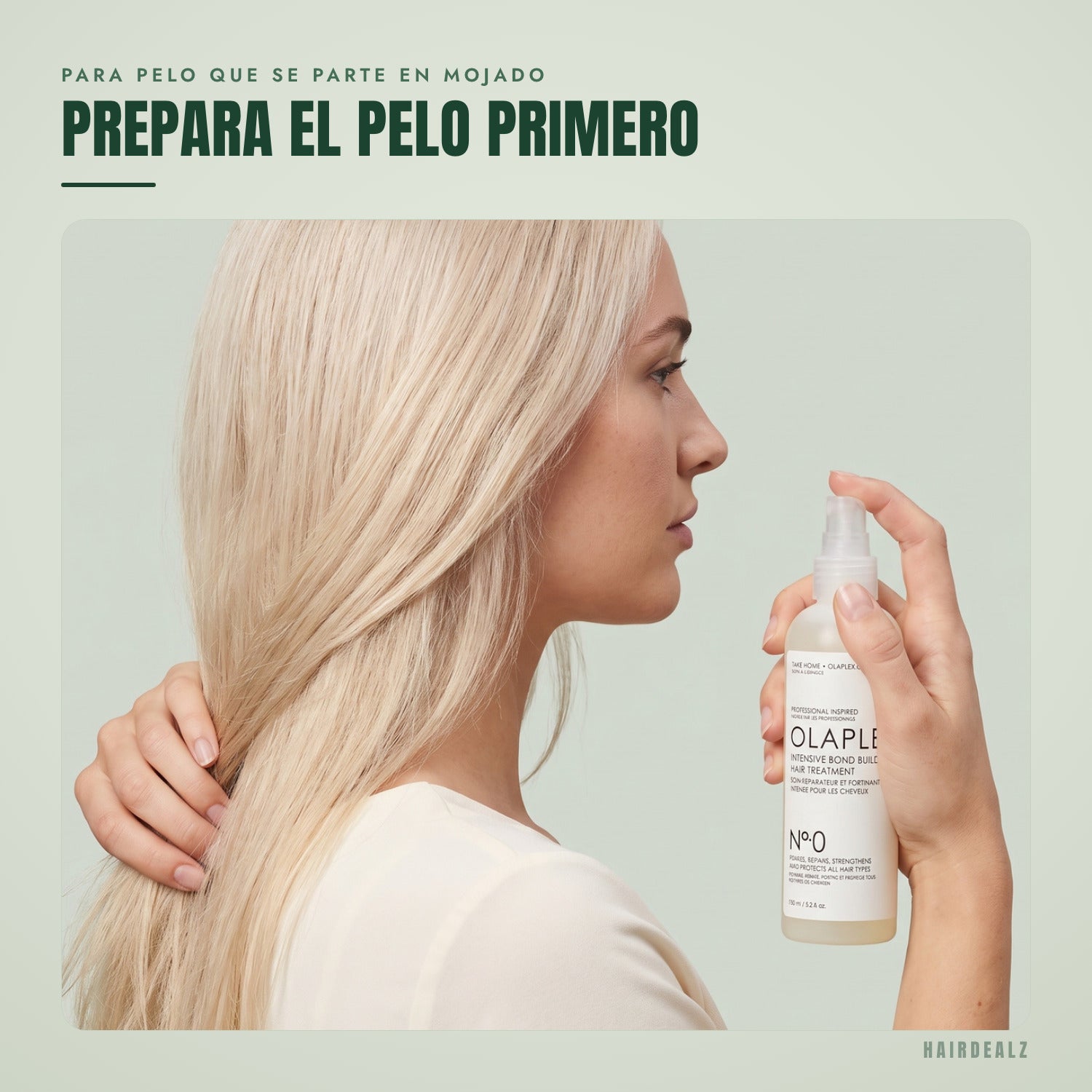 Olaplex No.0 en uso sobre un fondo verde