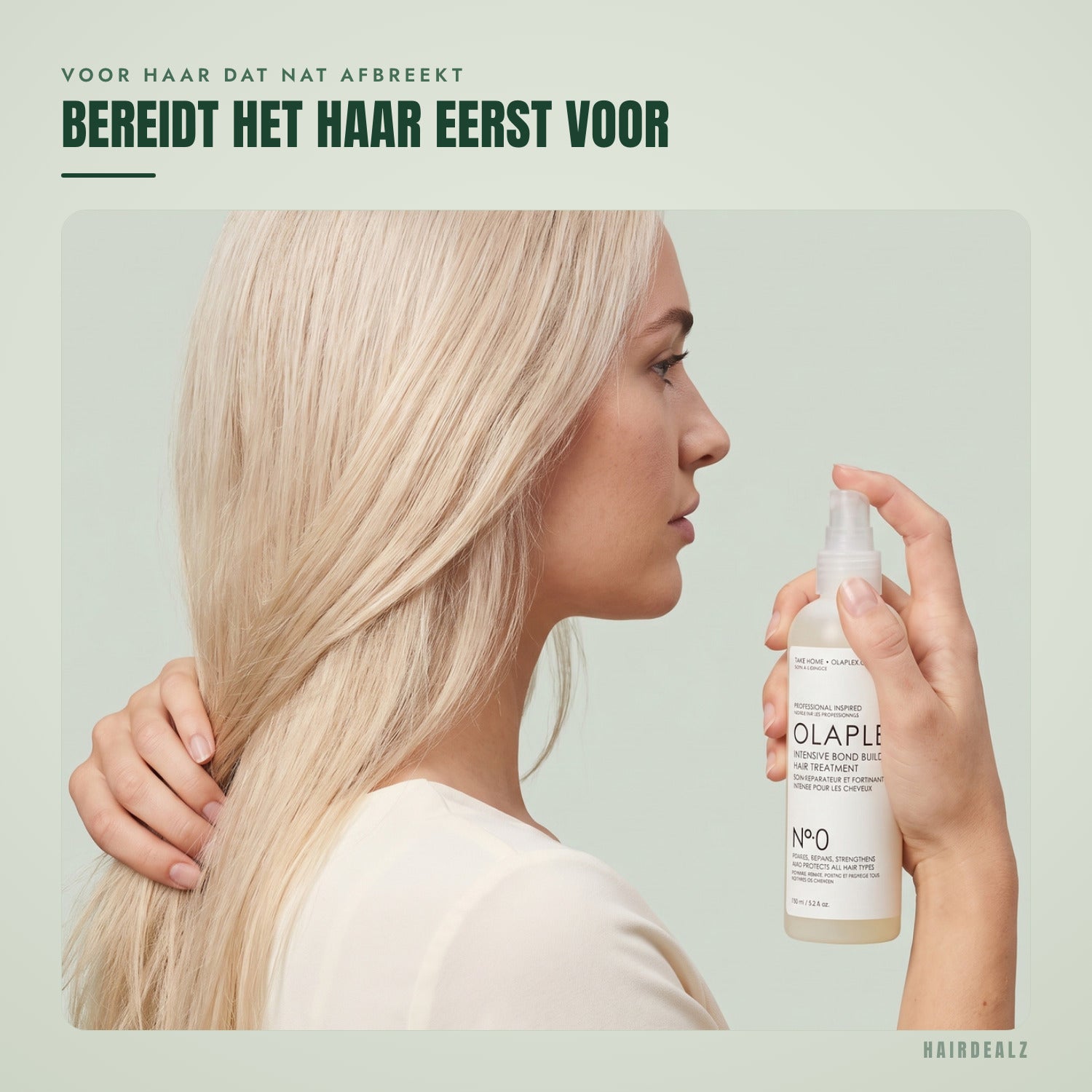 Olaplex No.0 in gebruik tegen een groene achtergrond