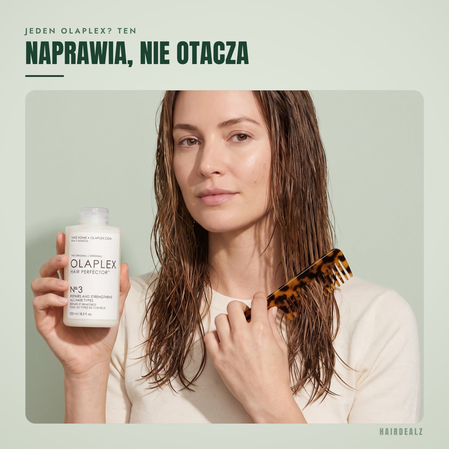 Olaplex No.3 w użyciu na zielonym tle
