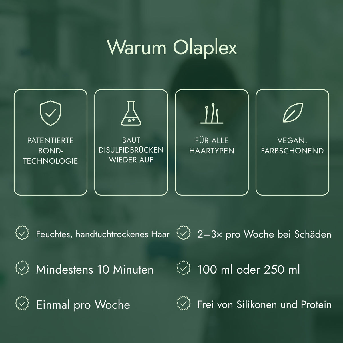 Warum Olaplex: Patentierte Bond-Technologie, Baut Disulfidbrücken wieder auf, Für alle Haartypen, Vegan, farbschonend