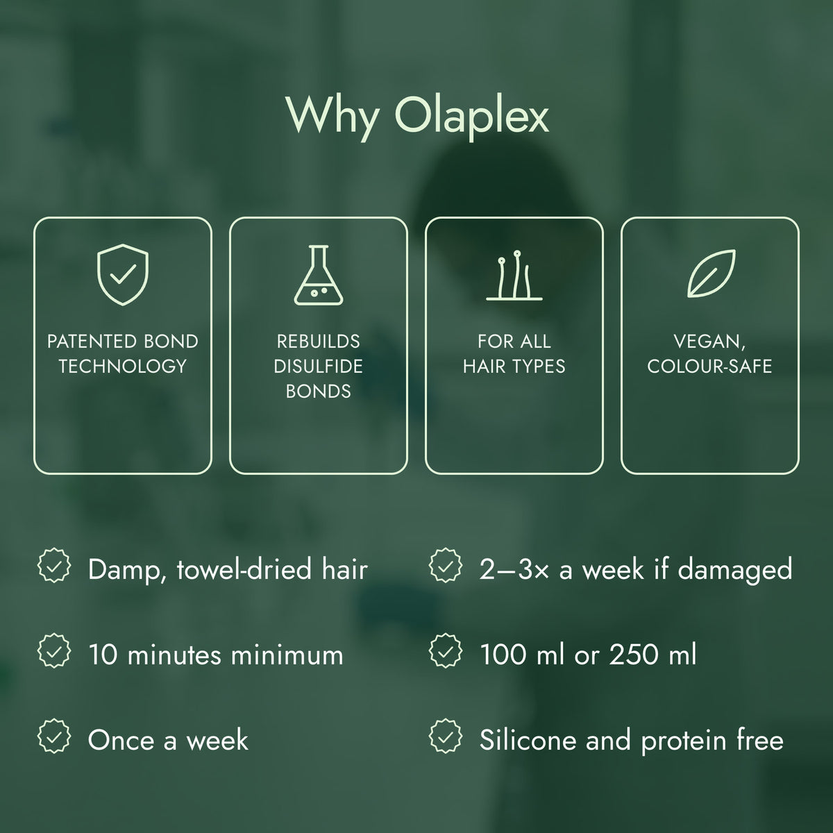 Why Olaplex: Patented bond technology, Rebuilds disulfide bonds, For all hair types, Vegan, colour-safe