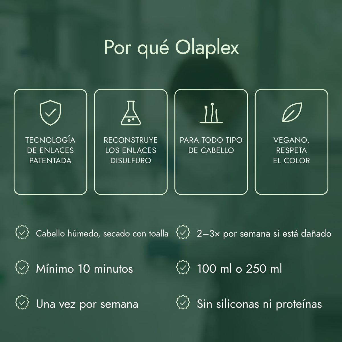 Por qué Olaplex: Tecnología de enlaces patentada, Reconstruye los enlaces disulfuro, Para todo tipo de cabello, Vegano, respeta el color