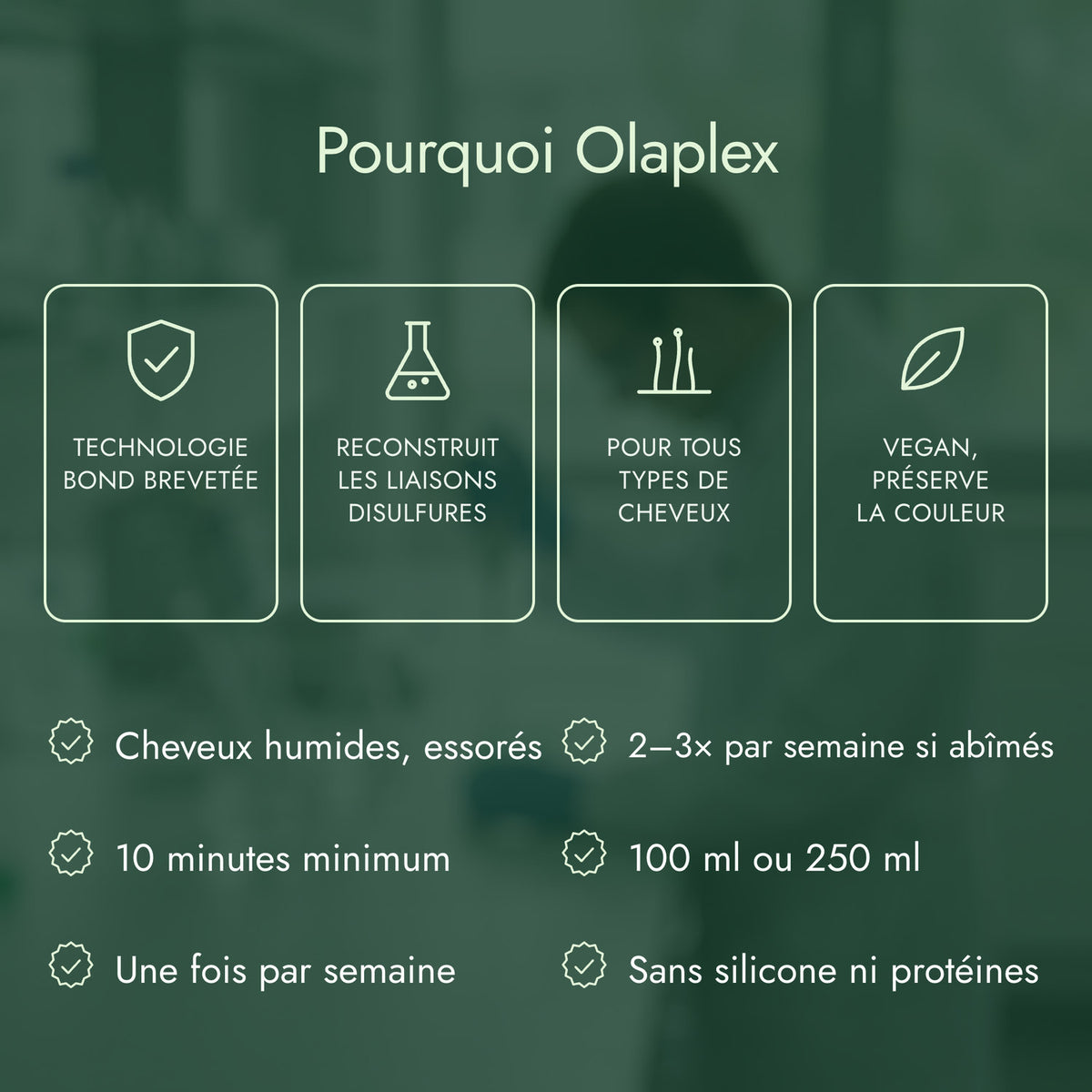Pourquoi Olaplex: Technologie bond brevetée, Reconstruit les liaisons disulfures, Pour tous types de cheveux, Vegan, préserve la couleur