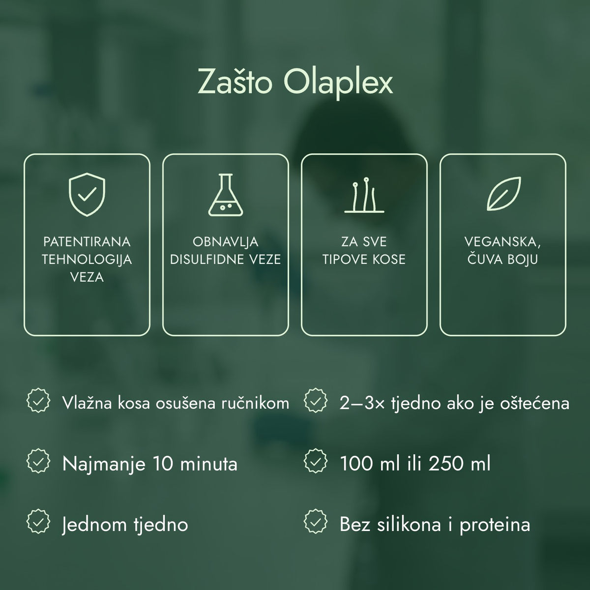 Zašto Olaplex: Patentirana tehnologija veza, Obnavlja disulfidne veze, Za sve tipove kose, Veganska, čuva boju