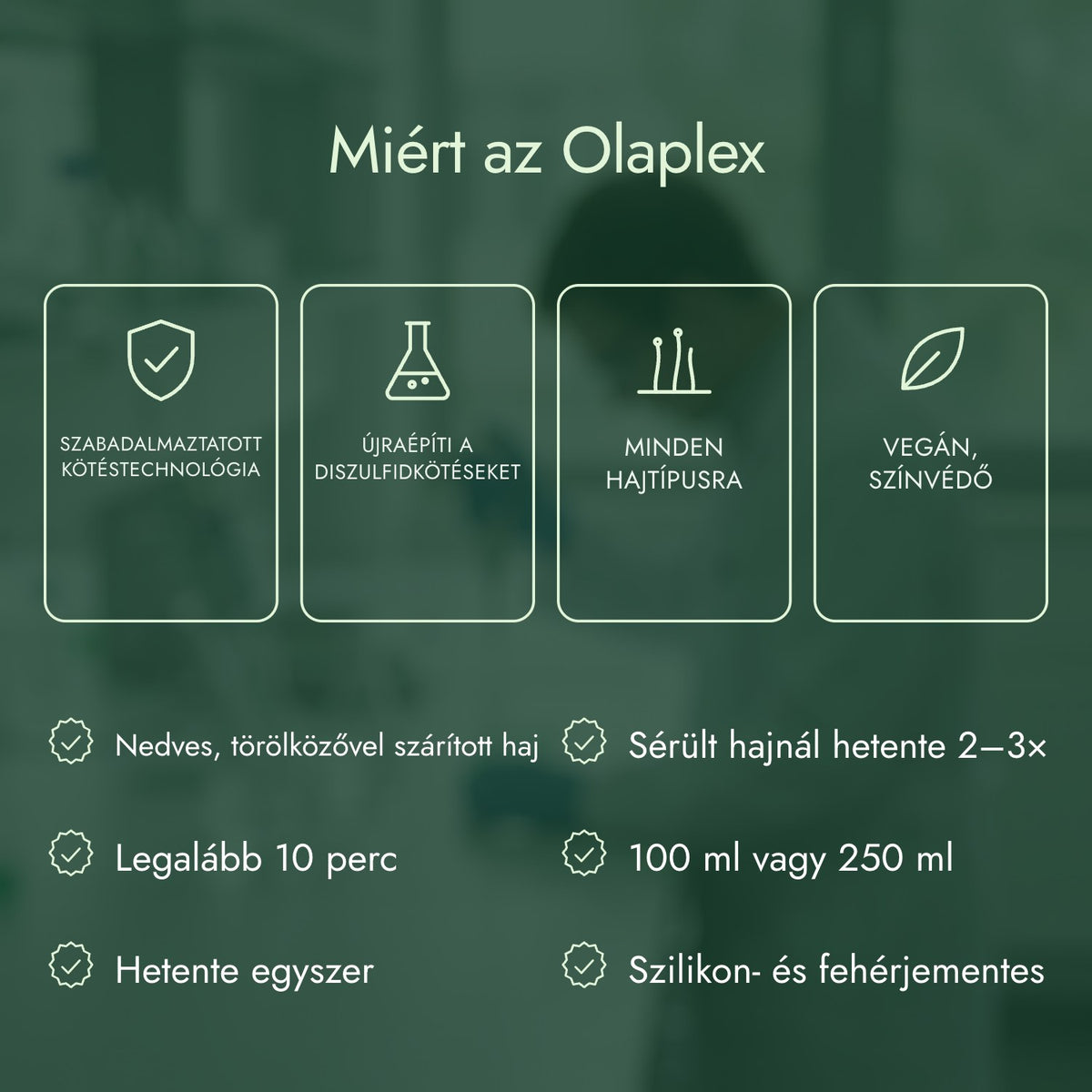 Miért az Olaplex: Szabadalmaztatott kötéstechnológia, Újraépíti a diszulfidkötéseket, Minden hajtípusra, Vegán, színvédő