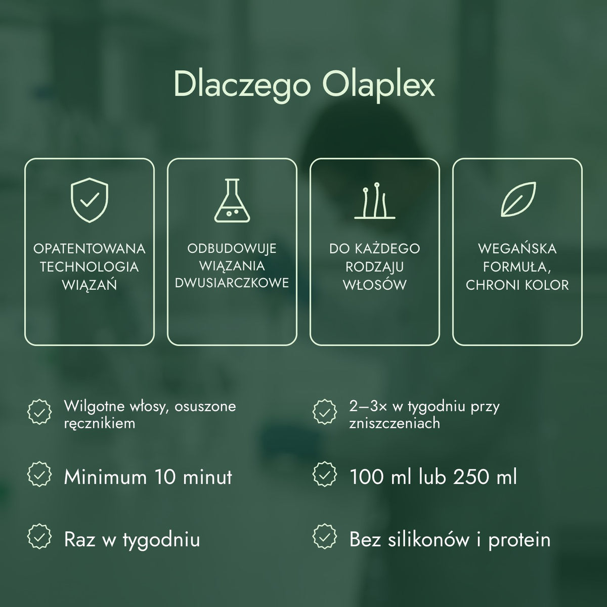 Dlaczego Olaplex: Opatentowana technologia wiązań, Odbudowuje wiązania dwusiarczkowe, Do każdego rodzaju włosów, Wegańska formuła, chroni kolor
